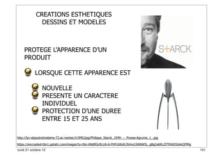 CREATIONS ESTHETIQUES
DESSINS ET MODELES

PROTEGE L’APPARENCE D’UN
PRODUIT
LORSQUE CETTE APPARENCE EST
NOUVELLE
PRESENTE UN CARACTERE
INDIVIDUEL
PROTECTION D’UNE DUREE
ENTRE 15 ET 25 ANS
http://lyc-stpaulnotredame-72.ac-nantes.fr/IMG/jpg/Philippe_Starck_1949-_-_Presse-Agrume_1_.jpg
https://encrypted-tbn1.gstatic.com/images?q=tbn:ANd9GcRLU6-6-PHFcb9sXL9Vmx10ANW5L_gBg2a6RL2f79VbD5dxkQFlMg
lundi 21 octobre 13

101

 