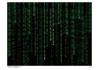 Qu’est-­‐ce	
  qui	
  a	
  changé?
•La facilité du copier-coller
•l’insertion directe dans l’écriture des images, de la
voix, de la vidéo ;
•la possibilité de travailler en direct à plusieurs sur
une même oeuvre ;
•la publication immédiate
•la possibilité de reprendre, commenter, interagir
avec l’auteur ;
•Bref l’objet, l’œuvre se détache de nous et fait sa
route seule avec peu ou pas de contrôle de/des
auteurs
Source: http://www.slideshare.net/calimaq/ecriture-web-et-dimension-juridique
lundi 21 octobre 13

27
27

 