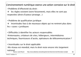L’environnement numérique exerce une action corrosive sur le droit
• Problème d’effectivité du droit :



les règles existent (voire foisonnent), mais elles ne sont pas

respectées (droit d’auteur/piratage…)
• Problème de qualification juridique


Incertitudes face à de nouveaux objets qui ne rentrent plus dans

les « cases » juridiques
• Difficultés à identifier les acteurs responsables
internautes, créateurs de sites, hébergeurs, intermédiaires
techniques, fournisseurs d’accès, opérateurs de télécommunication ?
• Incertitudes sur le droit applicable
le réseau est mondial, mais le droit reste encore très largement
national

Source: Lionel Maurel

lundi 21 octobre 13

http://www.slideshare.net/calimaq/droit-de-linternet-et-de-linformation-complet

• Internet commence à secréter ses propres règles

30
30

 
