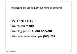 Petit rappel des soucis quant aux noms de domaines

• INTERNET C’EST:
Un réseau maillé
Une logique de client-serveur
Une communication par paquets

lundi 21 octobre 13

53

 