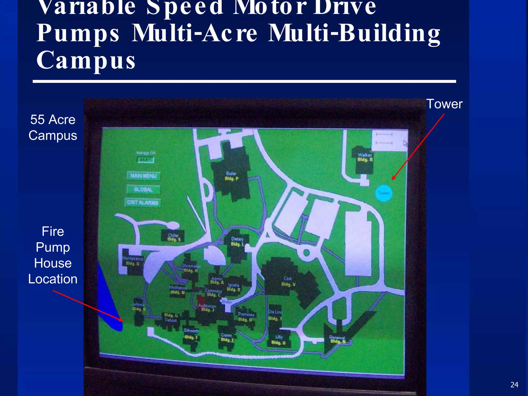 Variable Speed Motor Drive Pumps Multi-Acre Multi-Building Campus Fire Pump House Location Tower 55 Acre Campus 