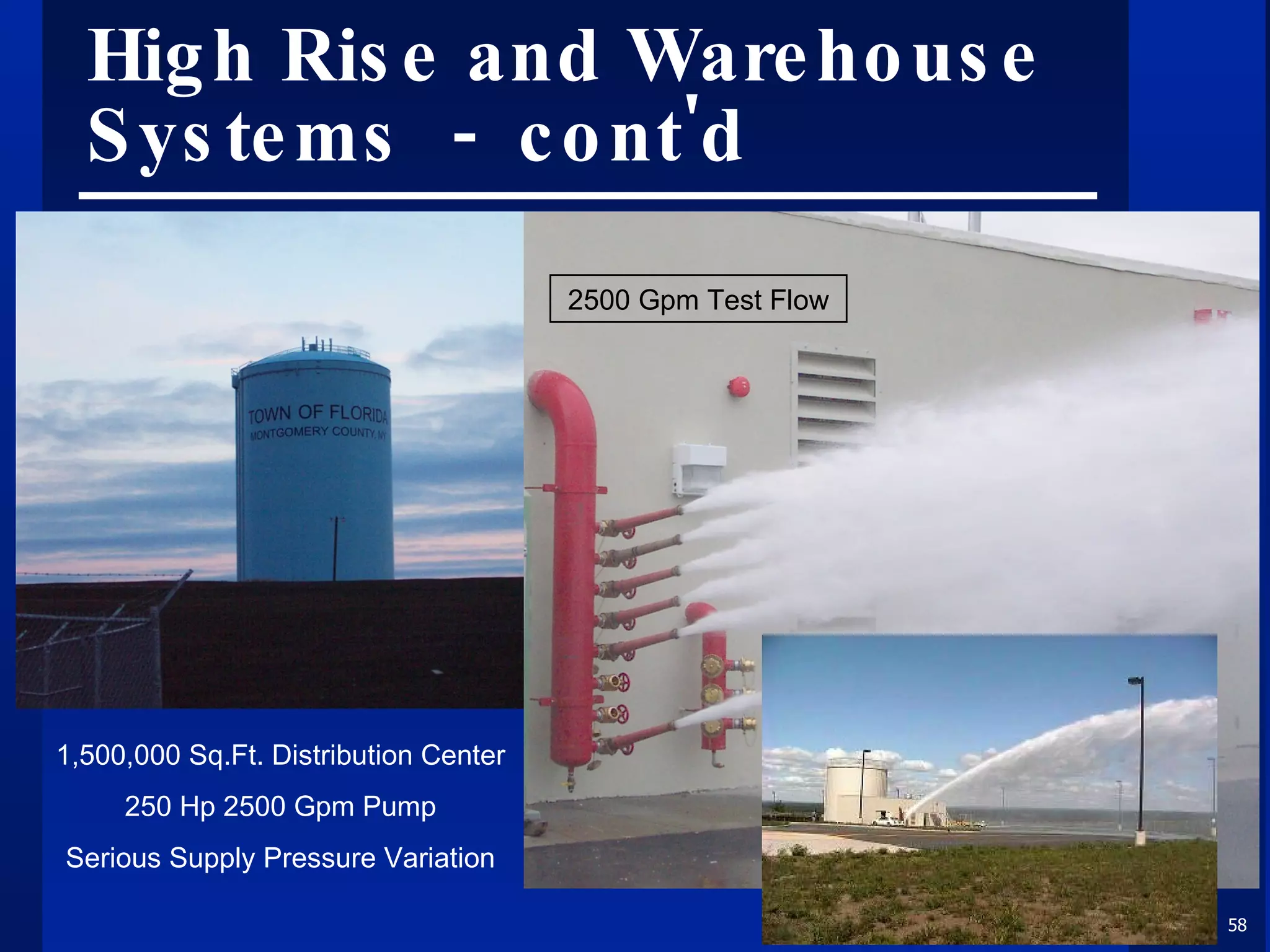 High Rise and Warehouse Systems  -  cont'd 2500 Gpm Test Flow 1,500,000 Sq.Ft. Distribution Center 250 Hp 2500 Gpm Pump Serious Supply Pressure Variation 