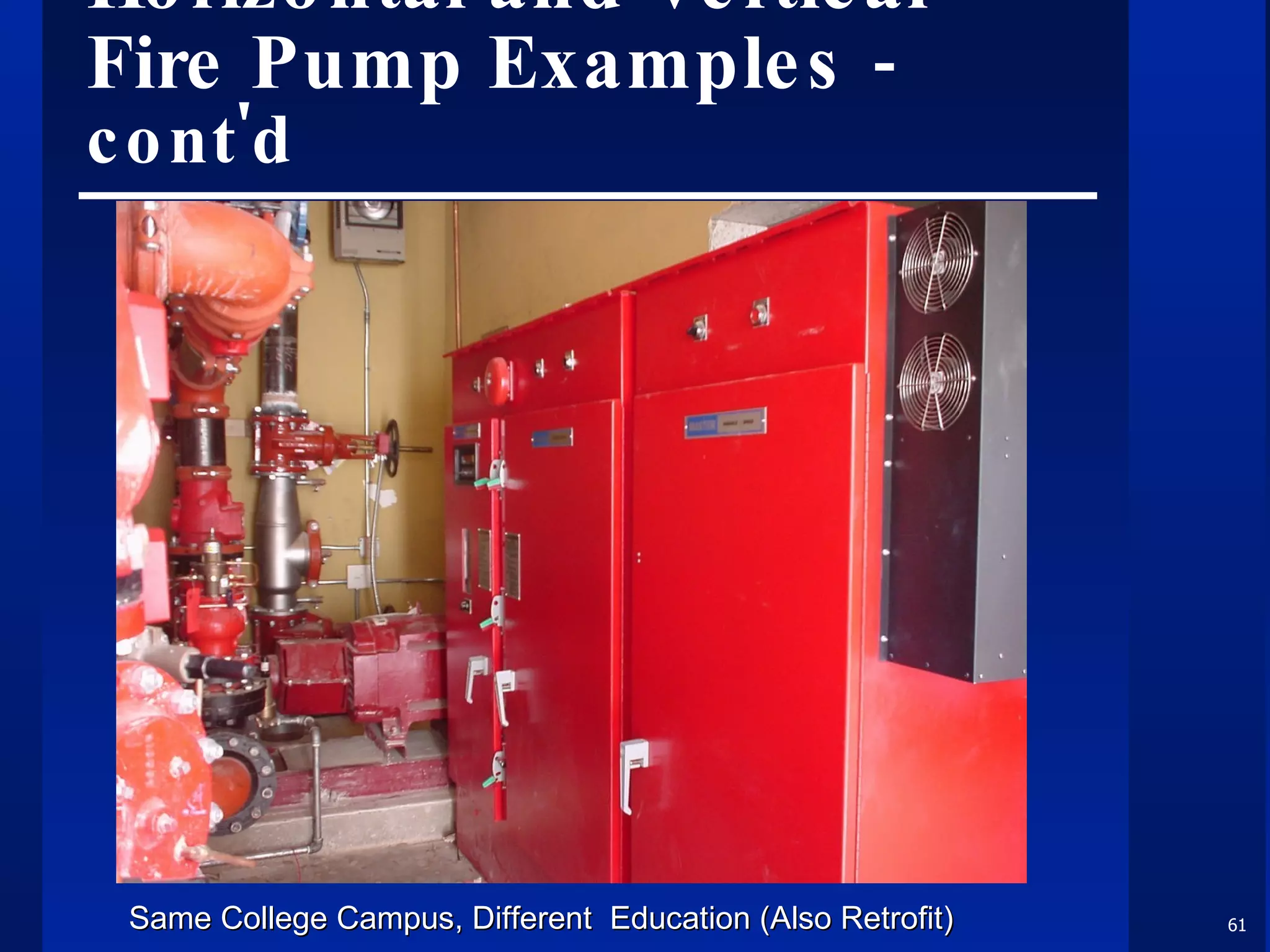Horizontal and Vertical Fire Pump Examples  - cont'd Same College Campus, Different  Education (Also Retrofit) 