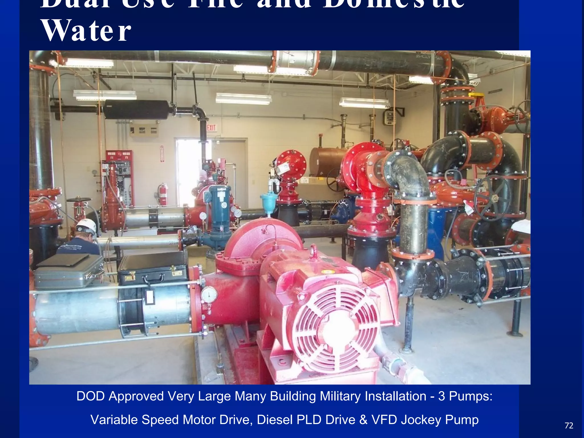 Dual Use Fire and Domestic Water DOD Approved Very Large Many Building Military Installation - 3 Pumps: Variable Speed Motor Drive, Diesel PLD Drive & VFD Jockey Pump 