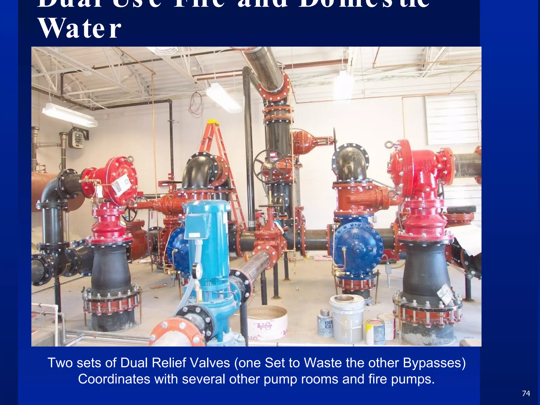 Dual Use Fire and Domestic Water Two sets of Dual Relief Valves (one Set to Waste the other Bypasses) Coordinates with several other pump rooms and fire pumps. 