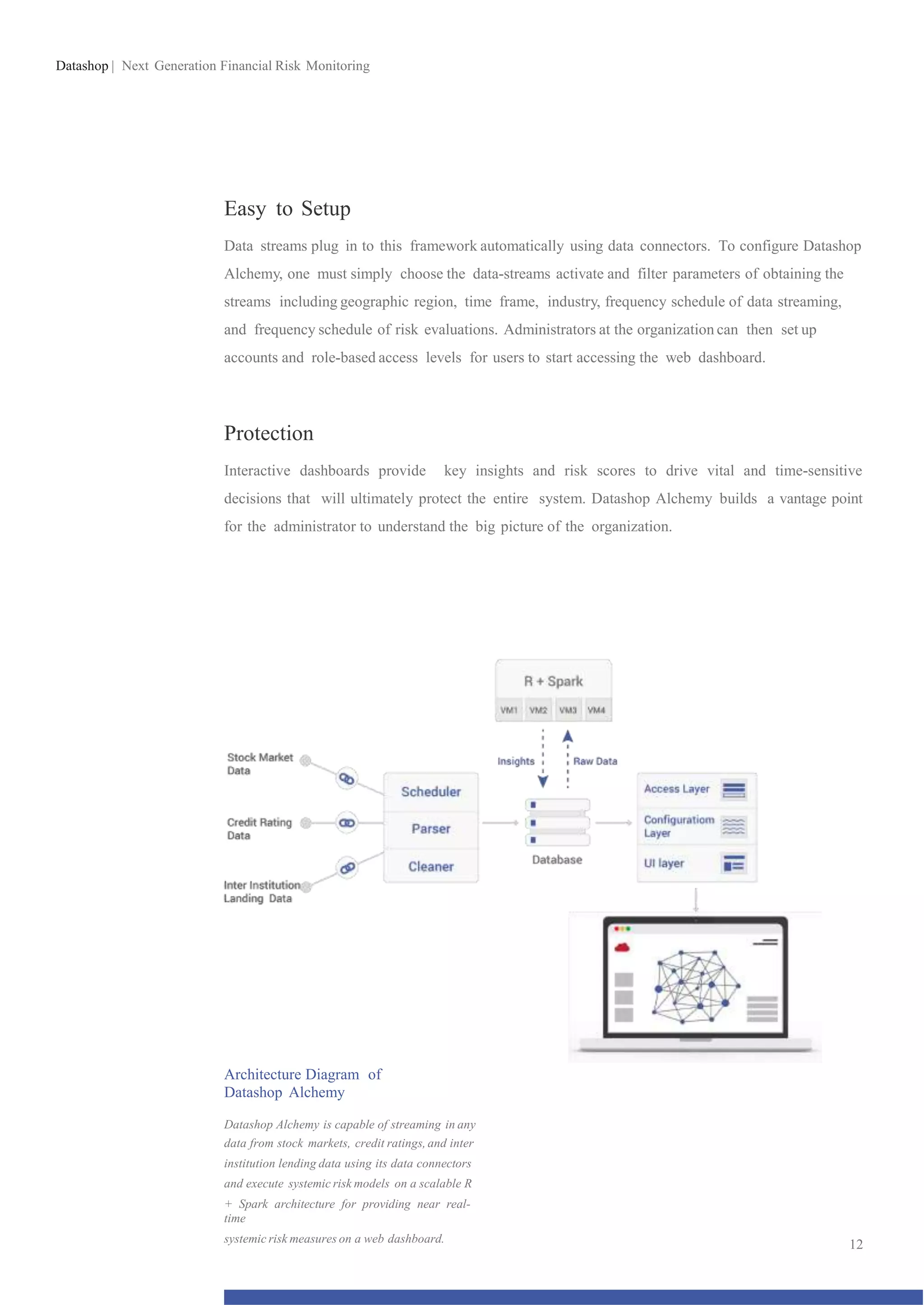 Datashop | Next Generation Financial Risk Monitoring
Easy to Setup
Data streams plug in to this framework automatically using data connectors. To configure Datashop
Alchemy, one must simply choose the data-streams activate and filter parameters of obtaining the
streams including geographic region, time frame, industry, frequency schedule of data streaming,
and frequency schedule of risk evaluations. Administrators at the organization can then set up
accounts and role-based access levels for users to start accessing the web dashboard.
Protection
Interactive dashboards provide key insights and risk scores to drive vital and time-sensitive
decisions that will ultimately protect the entire system. Datashop Alchemy builds a vantage point
for the administrator to understand the big picture of the organization.
Architecture Diagram of
Datashop Alchemy
Datashop Alchemy is capable of streaming in any
data from stock markets, credit ratings, and inter
institution lending data using its data connectors
and execute systemic risk models on a scalable R
+ Spark architecture for providing near real-
time
systemic risk measures on a web dashboard. 12
 
