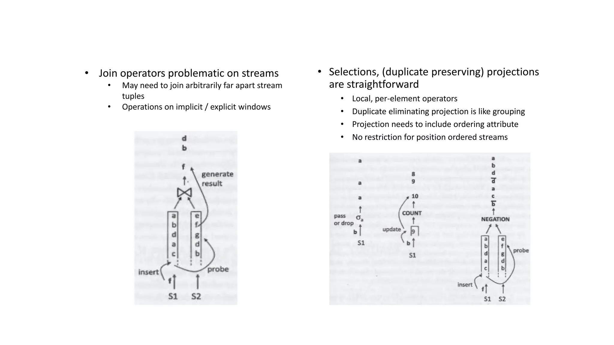 • Join operators problematic on streams
• May need to join arbitrarily far apart stream
tuples
• Operations on implicit / explicit windows
• Selections, (duplicate preserving) projections
are straightforward
• Local, per-element operators
• Duplicate eliminating projection is like grouping
• Projection needs to include ordering attribute
• No restriction for position ordered streams
 