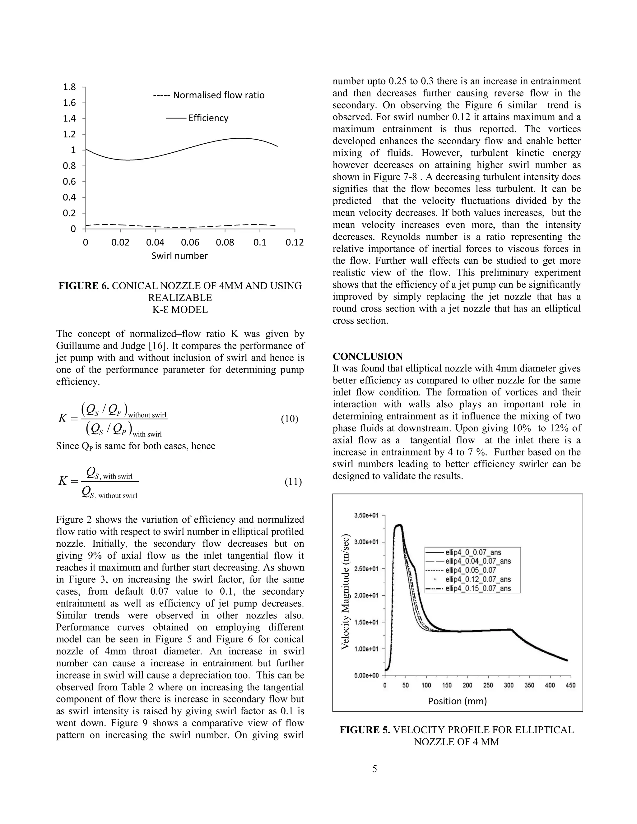 5
FIGURE 6. CONICAL NOZZLE OF 4MM AND USING
REALIZABLE
K-Ɛ MODEL
The concept of normalized–flow ratio K was given by
Guillaume and Judge [16]. It compares the performance of
jet pump with and without inclusion of swirl and hence is
one of the performance parameter for determining pump
efficiency.
 
 
without swirl
with swirl
/
/
S P
S P
Q Q
K
Q Q
 (10)
Since QP is same for both cases, hence
, with swirl
, without swirl
S
S
Q
K
Q
 (11)
Figure 2 shows the variation of efficiency and normalized
flow ratio with respect to swirl number in elliptical profiled
nozzle. Initially, the secondary flow decreases but on
giving 9% of axial flow as the inlet tangential flow it
reaches it maximum and further start decreasing. As shown
in Figure 3, on increasing the swirl factor, for the same
cases, from default 0.07 value to 0.1, the secondary
entrainment as well as efficiency of jet pump decreases.
Similar trends were observed in other nozzles also.
Performance curves obtained on employing different
model can be seen in Figure 5 and Figure 6 for conical
nozzle of 4mm throat diameter. An increase in swirl
number can cause a increase in entrainment but further
increase in swirl will cause a depreciation too. This can be
observed from Table 2 where on increasing the tangential
component of flow there is increase in secondary flow but
as swirl intensity is raised by giving swirl factor as 0.1 is
went down. Figure 9 shows a comparative view of flow
pattern on increasing the swirl number. On giving swirl
number upto 0.25 to 0.3 there is an increase in entrainment
and then decreases further causing reverse flow in the
secondary. On observing the Figure 6 similar trend is
observed. For swirl number 0.12 it attains maximum and a
maximum entrainment is thus reported. The vortices
developed enhances the secondary flow and enable better
mixing of fluids. However, turbulent kinetic energy
however decreases on attaining higher swirl number as
shown in Figure 7-8 . A decreasing turbulent intensity does
signifies that the flow becomes less turbulent. It can be
predicted that the velocity fluctuations divided by the
mean velocity decreases. If both values increases, but the
mean velocity increases even more, than the intensity
decreases. Reynolds number is a ratio representing the
relative importance of inertial forces to viscous forces in
the flow. Further wall effects can be studied to get more
realistic view of the flow. This preliminary experiment
shows that the efficiency of a jet pump can be significantly
improved by simply replacing the jet nozzle that has a
round cross section with a jet nozzle that has an elliptical
cross section.
CONCLUSION
It was found that elliptical nozzle with 4mm diameter gives
better efficiency as compared to other nozzle for the same
inlet flow condition. The formation of vortices and their
interaction with walls also plays an important role in
determining entrainment as it influence the mixing of two
phase fluids at downstream. Upon giving 10% to 12% of
axial flow as a tangential flow at the inlet there is a
increase in entrainment by 4 to 7 %. Further based on the
swirl numbers leading to better efficiency swirler can be
designed to validate the results.
FIGURE 5. VELOCITY PROFILE FOR ELLIPTICAL
NOZZLE OF 4 MM
0
0.2
0.4
0.6
0.8
1
1.2
1.4
1.6
1.8
0 0.02 0.04 0.06 0.08 0.1 0.12
Swirl number
Efficiency
----- Normalised flow ratio
Position (mm)
VelocityMagnitude(m/sec)
 