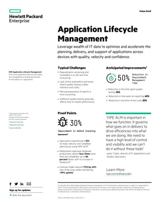 Value brief
Typical Challenges  
Learn More
hpe.com/software/alm
Application Lifecycle
Management
Leverage wealth of IT data to optimize and accelerate the
planning, delivery, and support of applications across
devices with quality, velocity and confidence. 
HPE Application Lifecycle Management
End to end application lifecycle and quality
test management providing governance
for the delivery of applications
Sign up for updates
Rate this document
© Copyright 2014-2016 Hewlett Packard Enterprise Development LP. The information contained herein is subject to change without
notice. The only warranties for HPE products and services are set forth in the express warranty statements accompanying such
products and services. Nothing herein should be construed as constituting an additional warranty. HPE shall not be liable for technical
or editorial errors or omissions contained herein.
4AA5-4794ENW, March 2016, Rev. 3

1
Improvements are based on IDC
Studies, HPE Product
Management/Marketing guidance
and HPE customer experience
• Requirements versioning and
traceability is in silo and time
consuming.
• Lack of test automation and reuse
means quality testing is labor
intensive and costly.
• Manual preparation of reports is
time consuming.
• Inefficient quality testing adversely
affects time to market performance.
Anticipated Improvements1
Reduction in
Requirement
Management
Time
50%
• Reduction in the time spent quality
testing: 35%
• Reduction in time spent on reporting: 60%
• Reduction in duration of test cycle: 20%
Proof Points
30%
Improvement in defect tracking
Specsavers2
• Specsavers experienced a 15%
increase velocity and simplified
planning by using HPE ALM2
• Medscheme improved employee
productivity: almost four times more
tests are completed, up to 86
percent faster, with no increase in
headcount3
“HPE ALM is important in
how we function. It governs
what goes on in delivery to
drive efficiencies into what
we are doing. We need to
have a high level of control
and visibility and we can’t
do it without these tools
–Jason Taylor, director of IT Applications and
Quality, Specsavers
2
Specsavers Case Study
3
Medscheme Case Study
• Comcast Cable reduced TCO by 40%
over three years while maintaining
99% uptime4
4
Comcast Cable Brief
 