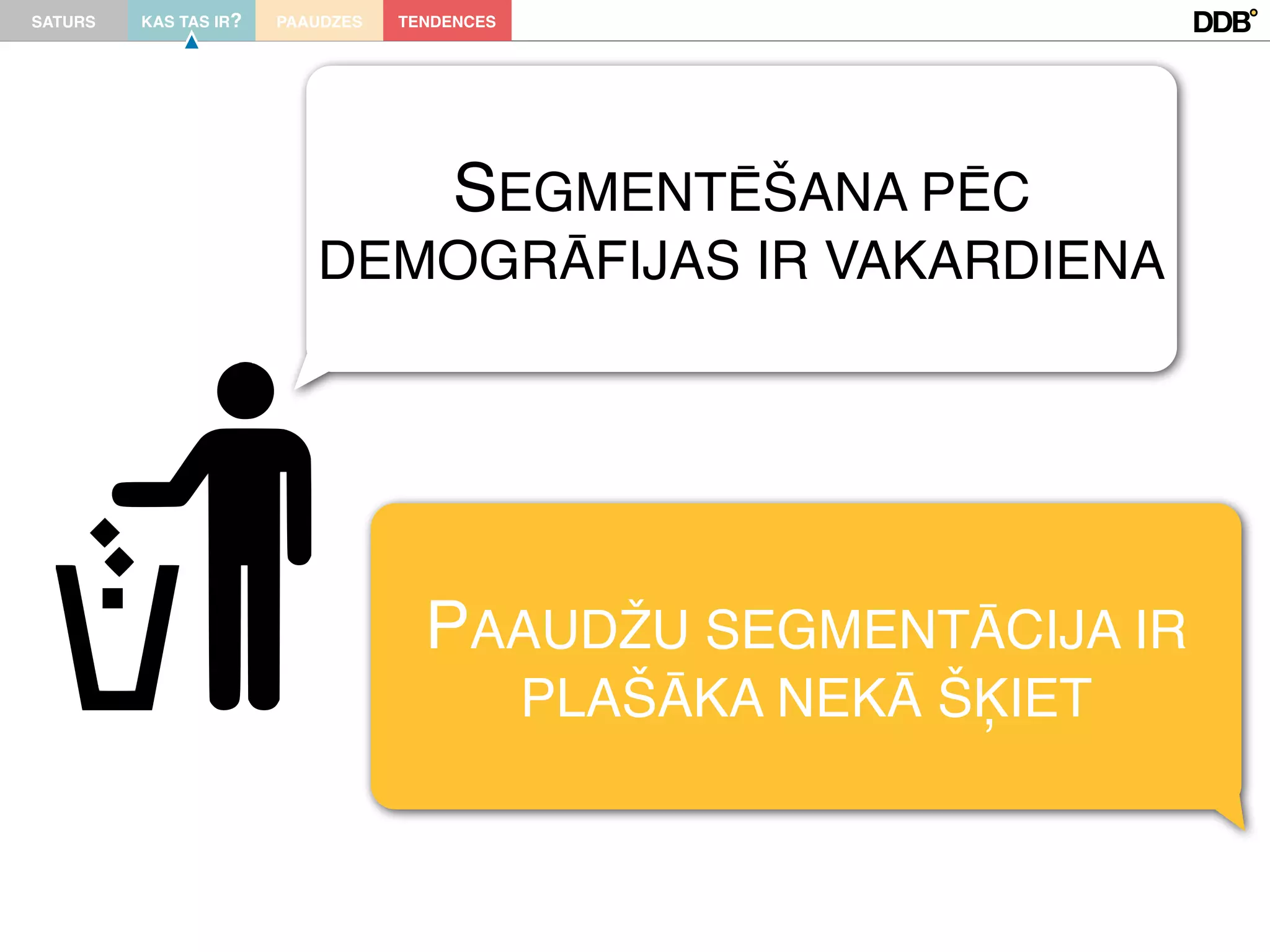 SATURS   KAS TAS IR?   PAAUDZES   TENDENCES




                                       SEGMENTĒŠANA PĒC
                          DEMOGRĀFIJAS IR VAKARDIENA




                                    PAAUDŽU SEGMENTĀCIJA IR
                                              PLAŠĀKA NEKĀ Š!IET
 