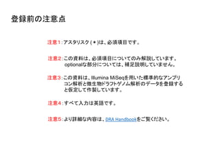 注意１：アスタリスク (＊)は、必須項目です。
注意４：すべて入力は英語です。
登録前の注意点
注意２：この資料は、必須項目についてのみ解説しています。
optionalな部分については、補足説明していません。
注意５：より詳細な内容は、DRA Handbookをご覧ください。
注意３：この資料は、Illumina MiSeqを用いた標準的なアンプリ
コン解析と微生物ドラフトゲノム解析のデータを登録する
と仮定して作製しています。
 