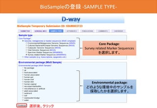 BioSampleの登録
Core Package:
Survey related Marker Sequences
を選択します。
Environmental package:
どのような環境中のサンプルを
採取したかを選択します。
選択後、クリック
BioSampleの登録 -SAMPLE TYPE-
 