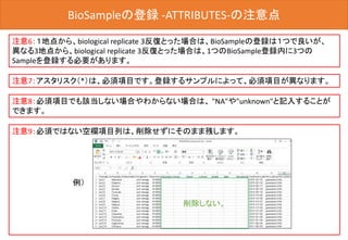 注意9：必須ではない空欄項目列は、削除せずにそのまま残します。
BioSampleの登録
注意6：１地点から、biological replicate 3反復とった場合は、BioSampleの登録は１つで良いが、
異なる3地点から、biological replicate 3反復とった場合は、1つのBioSample登録内に3つの
Sampleを登録する必要があります。
注意7：アスタリスク（*）は、必須項目です。登録するサンプルによって、必須項目が異なります。
注意8：必須項目でも該当しない場合やわからない場合は、 "NA"や"unknown"と記入することが
できます。
BioSampleの登録 -ATTRIBUTES-の注意点
例）
削除しない。
 