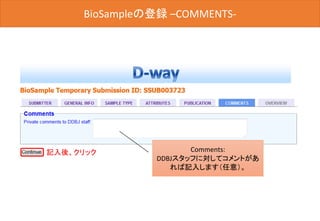 BioSampleの登録
記入後、クリック Comments:
DDBJスタッフに対してコメントがあ
れば記入します（任意）。
BioSampleの登録 –COMMENTS-
 