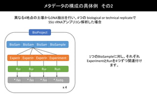 異なる4地点の土壌からDNA抽出を行い、4つの biological or technical replicateで
SSU rRNAアンプリコン解析した場合
BioSampleBioSampleBioSampleBioSample
BioProject
ExperimentExperimentExperimentExperiment
Run Run Run Run
*.fastq *.fastq *.fastq *.fastq
x 4
1つのBioSampleに対し、それぞれ
ExperimentとRunを4つずつ関連付け
ます。
メタデータの構成の具体例 その2
 