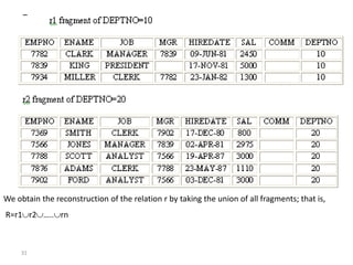 31
We obtain the reconstruction of the relation r by taking the union of all fragments; that is,
R=r1r2…..rn
 