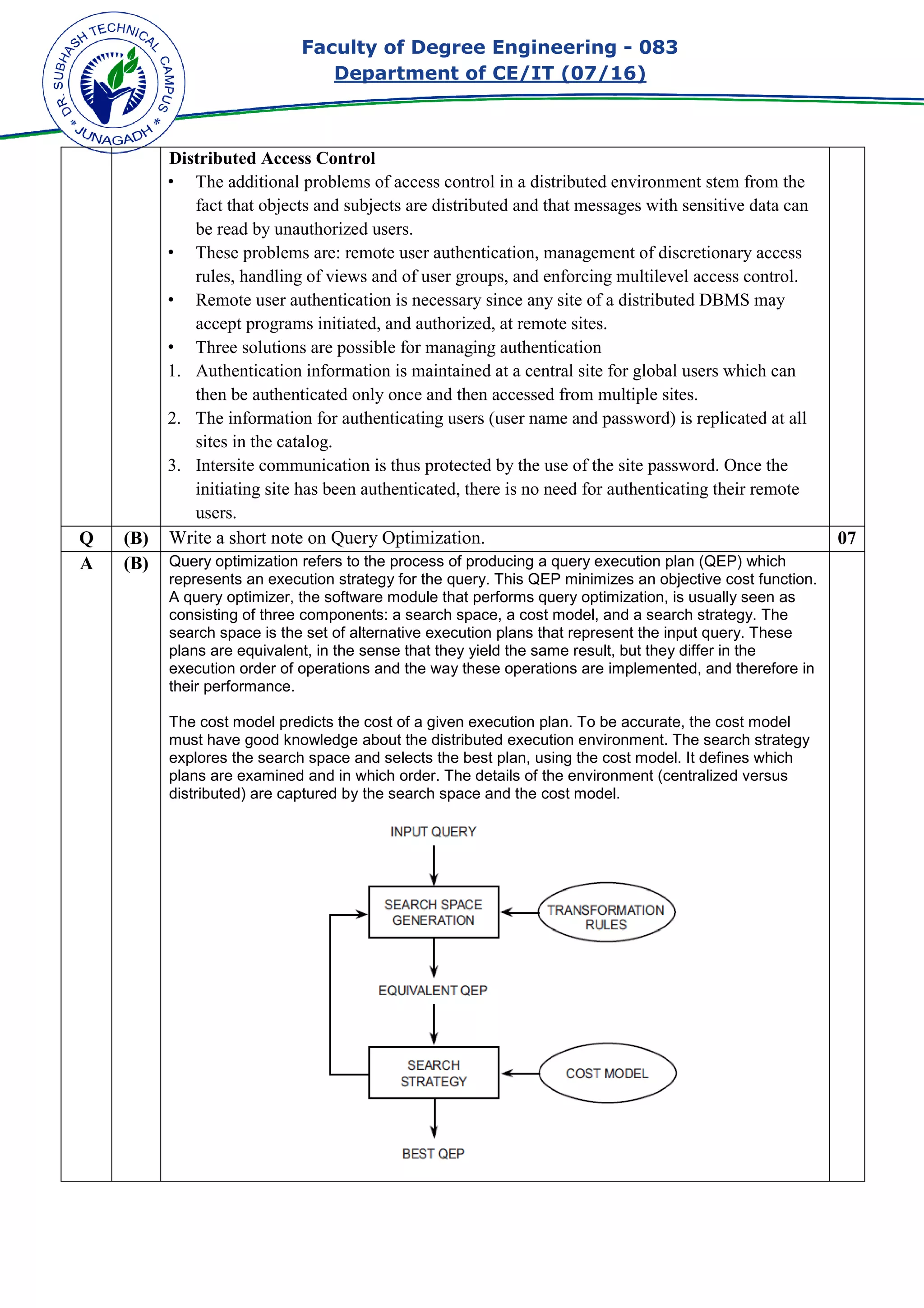 Faculty of Degree Engineering
Department of CE/IT (07/
Distributed Access Control
• The additional problems of access control in a distributed environment stem from the
fact that objects and subjects are distributed and that messages with sensitive data can
be read by unauthorized users.
• These problems are: remote user authentication, management of discretionary access
rules, handling of views and of user groups, and enforcing multilevel access control.
• Remote user authentication is necessary since any site of a distributed DBMS may
accept programs initiated, and authorized, at remote sites.
• Three solutions are possible for managing authentication
1. Authentication information is maintained at a central site for global users which can
then be authenticated only once and then
2. The information for authenticating users (user name and password) is replicated at all
sites in the catalog.
3. Intersite communication is thus protected by the use of the site password. Once the
initiating site has been auth
users.
Q (B) Write a short note on Query Opti
A (B) Query optimization refers to the process of producing a query execution plan
represents an execution strategy for the query. This QEP minimizes
A query optimizer, the software module that performs
consisting of three components: a search space,
search space is the set of
plans are equivalent, in the sense that they yield the same result, but they differ in the
execution order of operations and the way these operations are implemented, and therefore in
their performance.
The cost model predicts
must have good knowledge about the distributed execution environment. The
explores the search space and selects the best plan, using the cost model. It defines which
plans are examined and in
distributed) are captured by the search space and the cost model.
Faculty of Degree Engineering - 083
Department of CE/IT (07/16)
Distributed Access Control
The additional problems of access control in a distributed environment stem from the
fact that objects and subjects are distributed and that messages with sensitive data can
be read by unauthorized users.
ms are: remote user authentication, management of discretionary access
rules, handling of views and of user groups, and enforcing multilevel access control.
Remote user authentication is necessary since any site of a distributed DBMS may
nitiated, and authorized, at remote sites.
Three solutions are possible for managing authentication
Authentication information is maintained at a central site for global users which can
then be authenticated only once and then accessed from multiple sites.
The information for authenticating users (user name and password) is replicated at all
Intersite communication is thus protected by the use of the site password. Once the
initiating site has been authenticated, there is no need for authenticating their remote
Query Optimization.
Query optimization refers to the process of producing a query execution plan
represents an execution strategy for the query. This QEP minimizes an objective cost function.
ery optimizer, the software module that performs query optimization, is usually seen as
consisting of three components: a search space, a cost model, and a search
is the set of alternative execution plans that represent the input q
in the sense that they yield the same result, but they differ in the
of operations and the way these operations are implemented, and therefore in
the cost of a given execution plan. To be accurate, the cost model
knowledge about the distributed execution environment. The
the search space and selects the best plan, using the cost model. It defines which
plans are examined and in which order. The details of the environment (centralized
distributed) are captured by the search space and the cost model.
083
The additional problems of access control in a distributed environment stem from the
fact that objects and subjects are distributed and that messages with sensitive data can
ms are: remote user authentication, management of discretionary access
rules, handling of views and of user groups, and enforcing multilevel access control.
Remote user authentication is necessary since any site of a distributed DBMS may
Authentication information is maintained at a central site for global users which can
accessed from multiple sites.
The information for authenticating users (user name and password) is replicated at all
Intersite communication is thus protected by the use of the site password. Once the
enticated, there is no need for authenticating their remote
07
Query optimization refers to the process of producing a query execution plan (QEP) which
an objective cost function.
query optimization, is usually seen as
a cost model, and a search strategy. The
alternative execution plans that represent the input query. These
in the sense that they yield the same result, but they differ in the
of operations and the way these operations are implemented, and therefore in
n execution plan. To be accurate, the cost model
knowledge about the distributed execution environment. The search strategy
the search space and selects the best plan, using the cost model. It defines which
which order. The details of the environment (centralized versus
 
