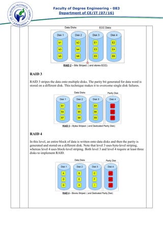 Faculty of Degree Engineering
Department of CE/IT (07/
RAID 3
RAID 3 stripes the data onto multiple disks. The parity bit generated for data word is
stored on a different disk. This technique makes it to overcome single disk failures.
RAID 4
In this level, an entire block of data is written onto data disks and then the parity is
generated and stored on a different disk. Note that level 3 uses byte
whereas level 4 uses block
disks to implement RAID.
Faculty of Degree Engineering - 083
Department of CE/IT (07/16)
RAID 3 stripes the data onto multiple disks. The parity bit generated for data word is
t disk. This technique makes it to overcome single disk failures.
In this level, an entire block of data is written onto data disks and then the parity is
generated and stored on a different disk. Note that level 3 uses byte
s level 4 uses block-level striping. Both level 3 and level 4 require at least three
disks to implement RAID.
083
RAID 3 stripes the data onto multiple disks. The parity bit generated for data word is
t disk. This technique makes it to overcome single disk failures.
In this level, an entire block of data is written onto data disks and then the parity is
generated and stored on a different disk. Note that level 3 uses byte-level striping,
level striping. Both level 3 and level 4 require at least three
 