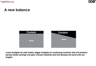 A new balance




                     Content                          Content

                                                          Media
                        Media




Lower budgets for paid media, bigger budgets for producing contents that will produce
earned media (emerge and gain a broad visibility) and will develop the bond with our
targets.
 