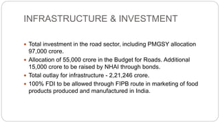 INFRASTRUCTURE & INVESTMENT
 Total investment in the road sector, including PMGSY allocation
97,000 crore.
 Allocation of 55,000 crore in the Budget for Roads. Additional
15,000 crore to be raised by NHAI through bonds.
 Total outlay for infrastructure - 2,21,246 crore.
 100% FDI to be allowed through FIPB route in marketing of food
products produced and manufactured in India.
 