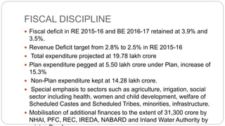 FISCAL DISCIPLINE
 Fiscal deficit in RE 2015-16 and BE 2016-17 retained at 3.9% and
3.5%.
 Revenue Deficit target from 2.8% to 2.5% in RE 2015-16
 Total expenditure projected at 19.78 lakh crore
 Plan expenditure pegged at 5.50 lakh crore under Plan, increase of
15.3%
 Non-Plan expenditure kept at 14.28 lakh crore.
 Special emphasis to sectors such as agriculture, irrigation, social
sector including health, women and child development, welfare of
Scheduled Castes and Scheduled Tribes, minorities, infrastructure.
 Mobilisation of additional finances to the extent of 31,300 crore by
NHAI, PFC, REC, IREDA, NABARD and Inland Water Authority by
 