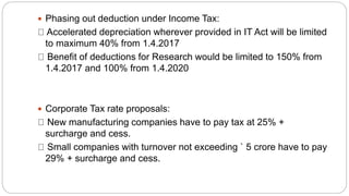  Phasing out deduction under Income Tax:
Accelerated depreciation wherever provided in IT Act will be limited
to maximum 40% from 1.4.2017
Benefit of deductions for Research would be limited to 150% from
1.4.2017 and 100% from 1.4.2020
 Corporate Tax rate proposals:
New manufacturing companies have to pay tax at 25% +
surcharge and cess.
Small companies with turnover not exceeding ` 5 crore have to pay
29% + surcharge and cess.
 
