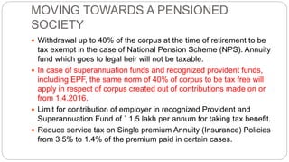 MOVING TOWARDS A PENSIONED
SOCIETY
 Withdrawal up to 40% of the corpus at the time of retirement to be
tax exempt in the case of National Pension Scheme (NPS). Annuity
fund which goes to legal heir will not be taxable.
 In case of superannuation funds and recognized provident funds,
including EPF, the same norm of 40% of corpus to be tax free will
apply in respect of corpus created out of contributions made on or
from 1.4.2016.
 Limit for contribution of employer in recognized Provident and
Superannuation Fund of ` 1.5 lakh per annum for taking tax benefit.
 Reduce service tax on Single premium Annuity (Insurance) Policies
from 3.5% to 1.4% of the premium paid in certain cases.
 