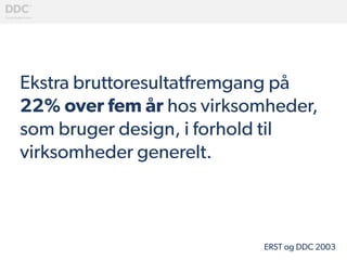Ekstra bruttoresultatfremgang på
22% over fem år hos virksomheder,
som bruger design, i forhold til
virksomheder generelt.
 
ERST og DDC 2003
 