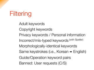 Filtering
   Adult keywords
   Copyright keywords
   Privacy keywords / Personal information
   Incorrect/mis-typed keywords (with Speller)
   Morphologically-identical keywords
   Same keystrokes (i.e., Korean ? English)
   Guide/Operation keyword pairs
   Banned: User requests (C/S)
 