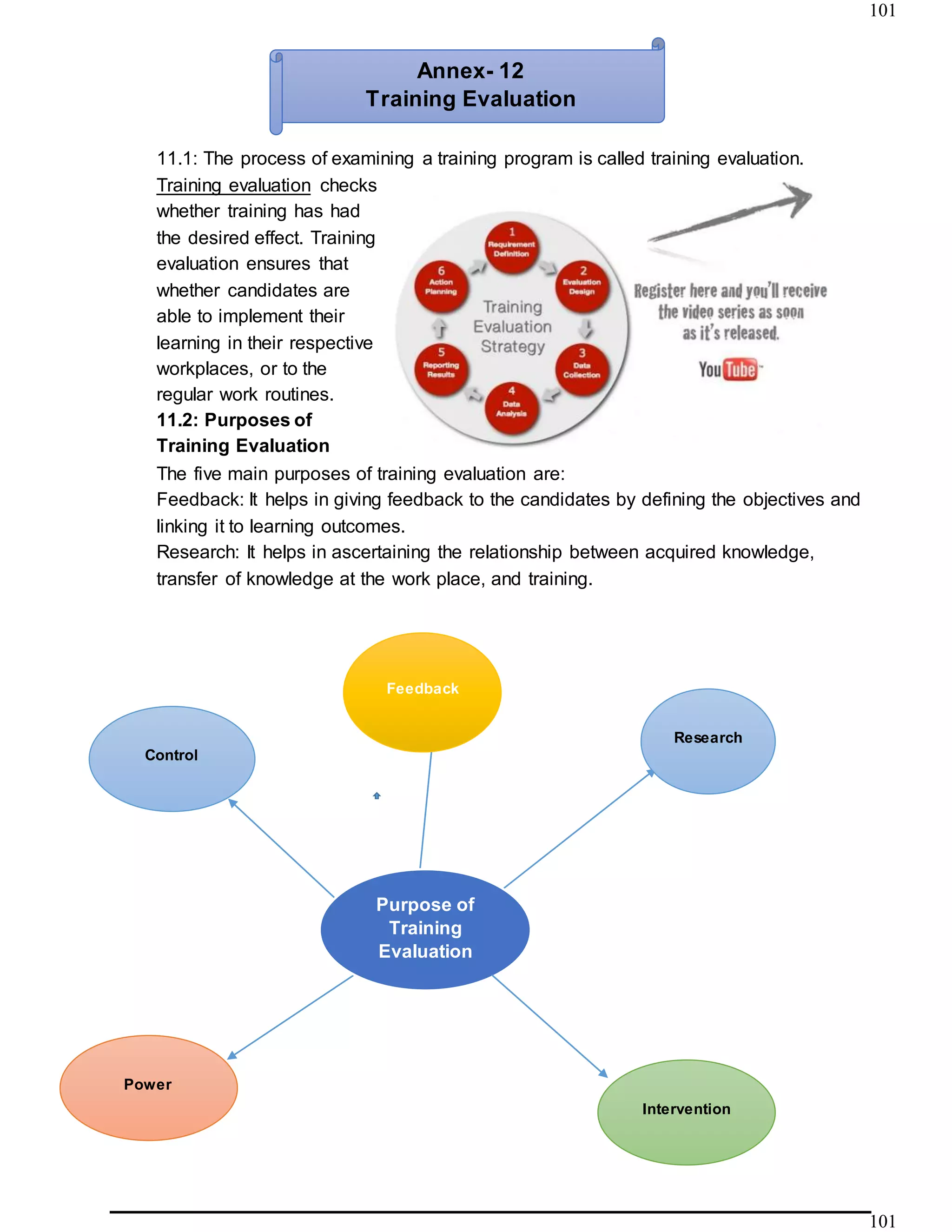 101
101
11.1: The process of examining a training program is called training evaluation.
Training evaluation checks
whether training has had
the desired effect. Training
evaluation ensures that
whether candidates are
able to implement their
learning in their respective
workplaces, or to the
regular work routines.
11.2: Purposes of
Training Evaluation
The five main purposes of training evaluation are:
Feedback: It helps in giving feedback to the candidates by defining the objectives and
linking it to learning outcomes.
Research: It helps in ascertaining the relationship between acquired knowledge,
transfer of knowledge at the work place, and training.
Annex- 12
Training Evaluation
Purpose of
Training
Evaluation
Control
Feedback
Research
Intervention
Power
 