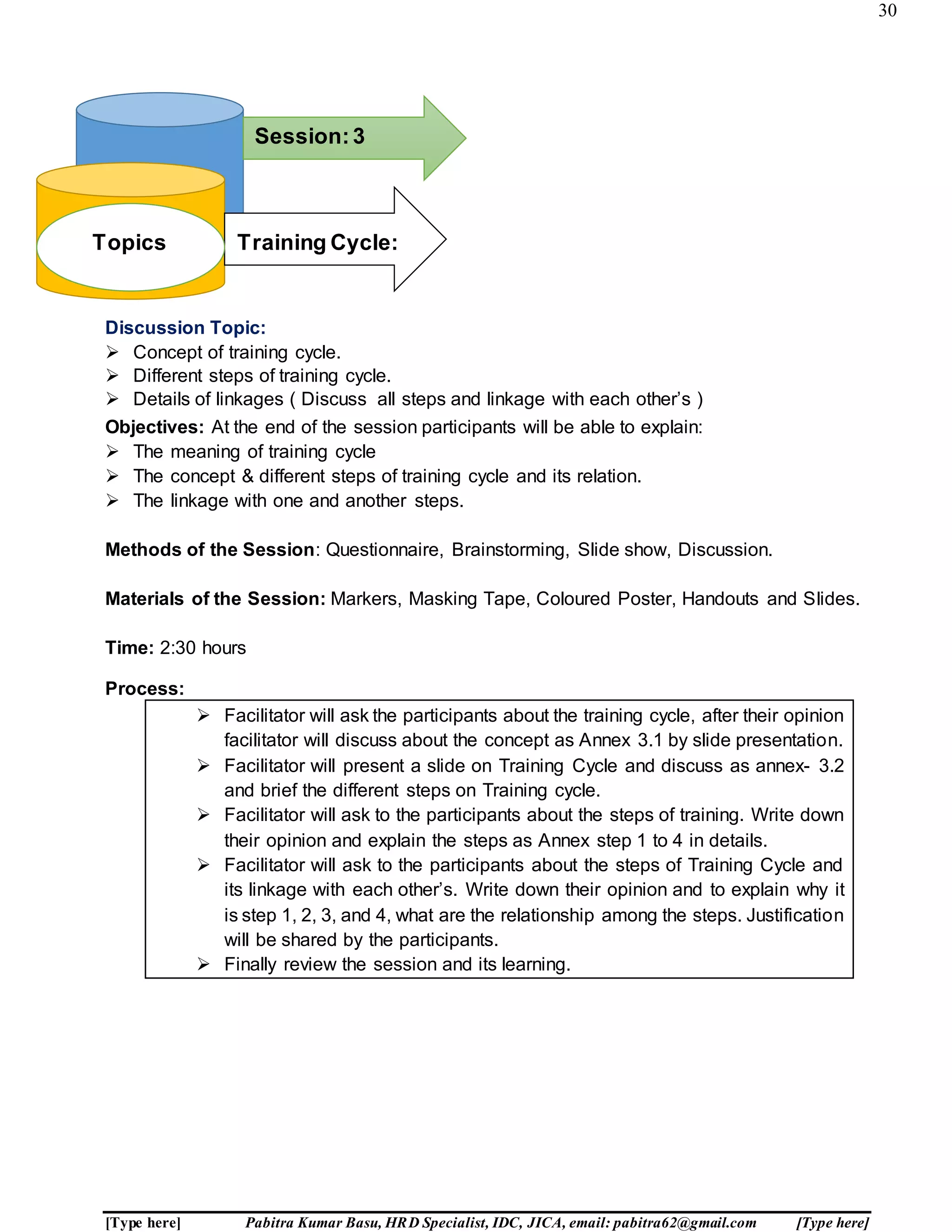 30
[Type here] Pabitra Kumar Basu, HRD Specialist, IDC, JICA, email: pabitra62@gmail.com [Type here]
Discussion Topic:
 Concept of training cycle.
 Different steps of training cycle.
 Details of linkages ( Discuss all steps and linkage with each other’s )
Objectives: At the end of the session participants will be able to explain:
 The meaning of training cycle
 The concept & different steps of training cycle and its relation.
 The linkage with one and another steps.
Methods of the Session: Questionnaire, Brainstorming, Slide show, Discussion.
Materials of the Session: Markers, Masking Tape, Coloured Poster, Handouts and Slides.
Time: 2:30 hours
Process:
 Facilitator will ask the participants about the training cycle, after their opinion
facilitator will discuss about the concept as Annex 3.1 by slide presentation.
 Facilitator will present a slide on Training Cycle and discuss as annex- 3.2
and brief the different steps on Training cycle.
 Facilitator will ask to the participants about the steps of training. Write down
their opinion and explain the steps as Annex step 1 to 4 in details.
 Facilitator will ask to the participants about the steps of Training Cycle and
its linkage with each other’s. Write down their opinion and to explain why it
is step 1, 2, 3, and 4, what are the relationship among the steps. Justification
will be shared by the participants.
 Finally review the session and its learning.
Session:3
Topics: Training Cycle:Topics
 