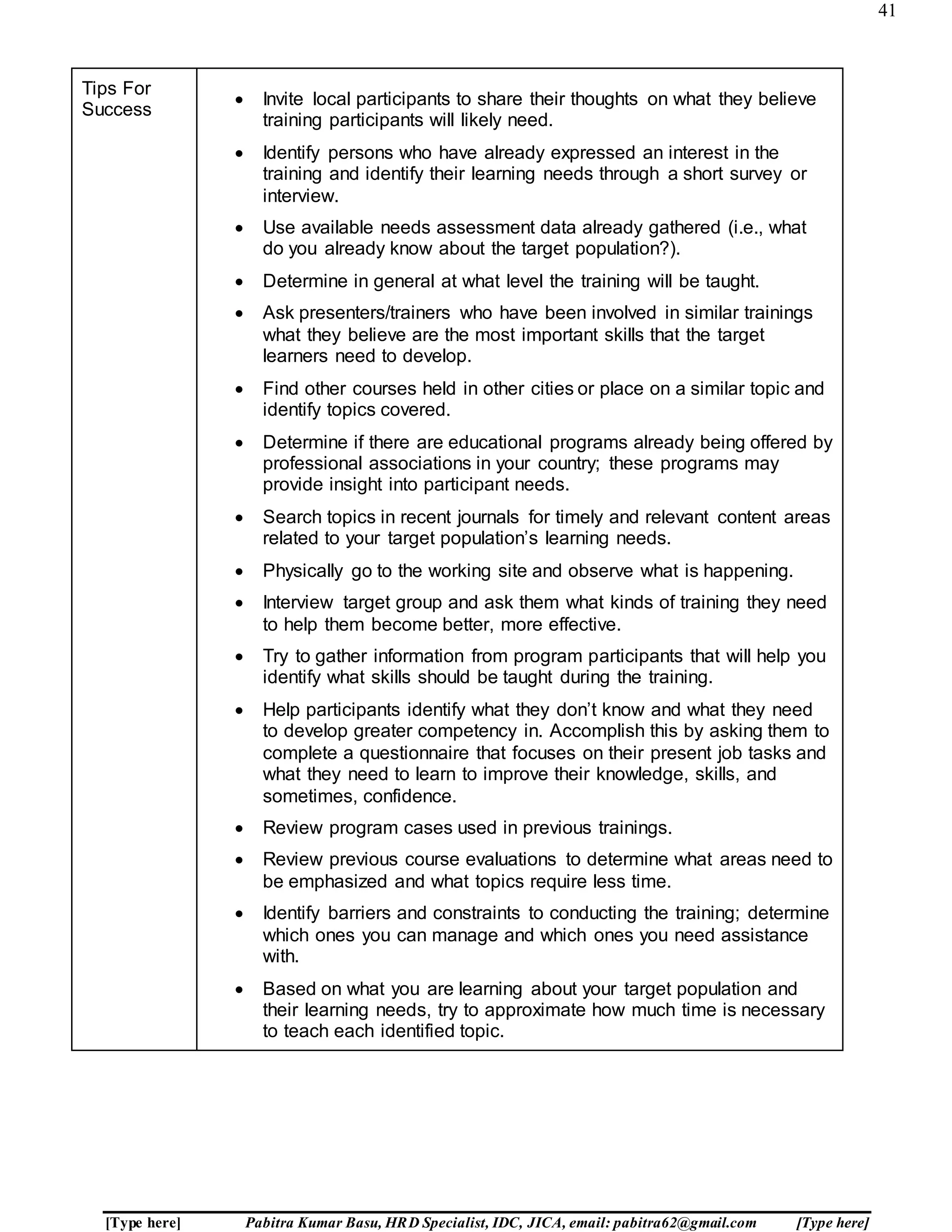 41
[Type here] Pabitra Kumar Basu, HRD Specialist, IDC, JICA, email: pabitra62@gmail.com [Type here]
Tips For
Success
 Invite local participants to share their thoughts on what they believe
training participants will likely need.
 Identify persons who have already expressed an interest in the
training and identify their learning needs through a short survey or
interview.
 Use available needs assessment data already gathered (i.e., what
do you already know about the target population?).
 Determine in general at what level the training will be taught.
 Ask presenters/trainers who have been involved in similar trainings
what they believe are the most important skills that the target
learners need to develop.
 Find other courses held in other cities or place on a similar topic and
identify topics covered.
 Determine if there are educational programs already being offered by
professional associations in your country; these programs may
provide insight into participant needs.
 Search topics in recent journals for timely and relevant content areas
related to your target population’s learning needs.
 Physically go to the working site and observe what is happening.
 Interview target group and ask them what kinds of training they need
to help them become better, more effective.
 Try to gather information from program participants that will help you
identify what skills should be taught during the training.
 Help participants identify what they don’t know and what they need
to develop greater competency in. Accomplish this by asking them to
complete a questionnaire that focuses on their present job tasks and
what they need to learn to improve their knowledge, skills, and
sometimes, confidence.
 Review program cases used in previous trainings.
 Review previous course evaluations to determine what areas need to
be emphasized and what topics require less time.
 Identify barriers and constraints to conducting the training; determine
which ones you can manage and which ones you need assistance
with.
 Based on what you are learning about your target population and
their learning needs, try to approximate how much time is necessary
to teach each identified topic.
 