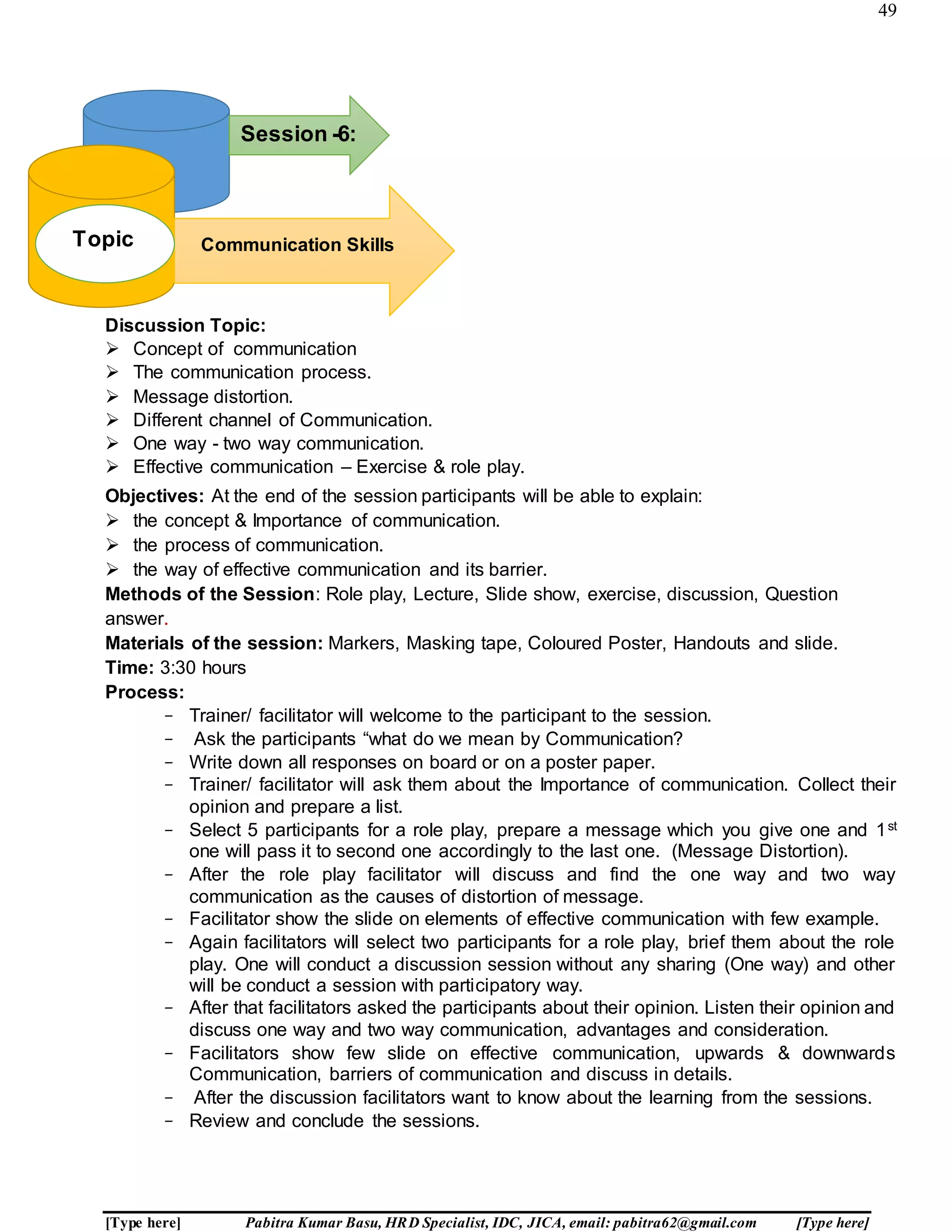49
[Type here] Pabitra Kumar Basu, HRD Specialist, IDC, JICA, email: pabitra62@gmail.com [Type here]
ession : 6
Discussion Topic:
 Concept of communication
 The communication process.
 Message distortion.
 Different channel of Communication.
 One way - two way communication.
 Effective communication – Exercise & role play.
Objectives: At the end of the session participants will be able to explain:
 the concept & Importance of communication.
 the process of communication.
 the way of effective communication and its barrier.
Methods of the Session: Role play, Lecture, Slide show, exercise, discussion, Question
answer.
Materials of the session: Markers, Masking tape, Coloured Poster, Handouts and slide.
Time: 3:30 hours
Process:
- Trainer/ facilitator will welcome to the participant to the session.
- Ask the participants “what do we mean by Communication?
- Write down all responses on board or on a poster paper.
- Trainer/ facilitator will ask them about the Importance of communication. Collect their
opinion and prepare a list.
- Select 5 participants for a role play, prepare a message which you give one and 1st
one will pass it to second one accordingly to the last one. (Message Distortion).
- After the role play facilitator will discuss and find the one way and two way
communication as the causes of distortion of message.
- Facilitator show the slide on elements of effective communication with few example.
- Again facilitators will select two participants for a role play, brief them about the role
play. One will conduct a discussion session without any sharing (One way) and other
will be conduct a session with participatory way.
- After that facilitators asked the participants about their opinion. Listen their opinion and
discuss one way and two way communication, advantages and consideration.
- Facilitators show few slide on effective communication, upwards & downwards
Communication, barriers of communication and discuss in details.
- After the discussion facilitators want to know about the learning from the sessions.
- Review and conclude the sessions.
Session -6:
Communication SkillsTopic
 