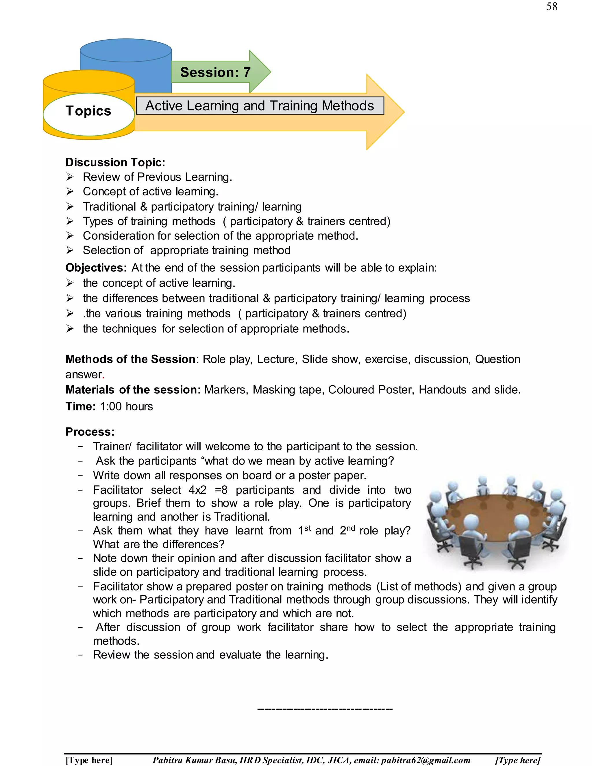 58
[Type here] Pabitra Kumar Basu, HRD Specialist, IDC, JICA, email: pabitra62@gmail.com [Type here]
Discussion Topic:
 Review of Previous Learning.
 Concept of active learning.
 Traditional & participatory training/ learning
 Types of training methods ( participatory & trainers centred)
 Consideration for selection of the appropriate method.
 Selection of appropriate training method
Objectives: At the end of the session participants will be able to explain:
 the concept of active learning.
 the differences between traditional & participatory training/ learning process
 .the various training methods ( participatory & trainers centred)
 the techniques for selection of appropriate methods.
Methods of the Session: Role play, Lecture, Slide show, exercise, discussion, Question
answer.
Materials of the session: Markers, Masking tape, Coloured Poster, Handouts and slide.
Time: 1:00 hours
Process:
- Trainer/ facilitator will welcome to the participant to the session.
- Ask the participants “what do we mean by active learning?
- Write down all responses on board or a poster paper.
- Facilitator select 4x2 =8 participants and divide into two
groups. Brief them to show a role play. One is participatory
learning and another is Traditional.
- Ask them what they have learnt from 1st and 2nd role play?
What are the differences?
- Note down their opinion and after discussion facilitator show a
slide on participatory and traditional learning process.
- Facilitator show a prepared poster on training methods (List of methods) and given a group
work on- Participatory and Traditional methods through group discussions. They will identify
which methods are participatory and which are not.
- After discussion of group work facilitator share how to select the appropriate training
methods.
- Review the session and evaluate the learning.
------------------------------------
Topics:
Session: 7
Active Learning and Training MethodsTopics
 