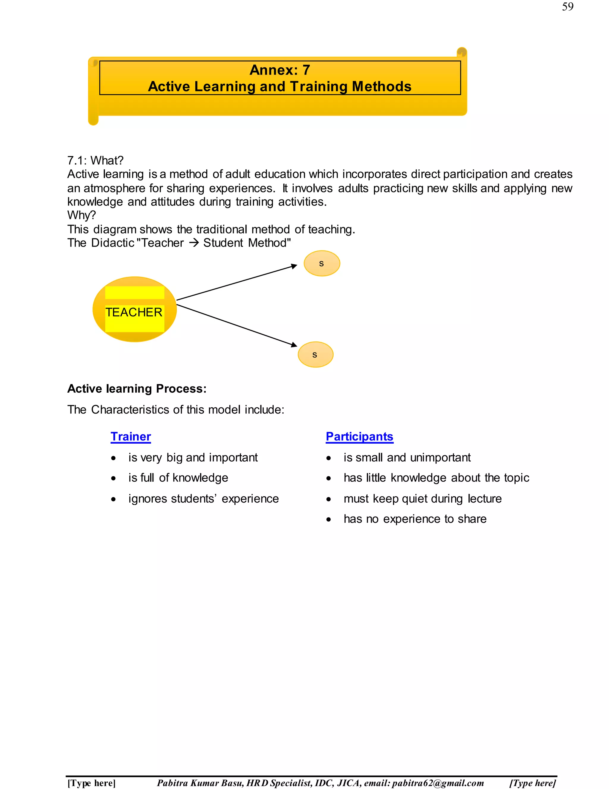 59
[Type here] Pabitra Kumar Basu, HRD Specialist, IDC, JICA, email: pabitra62@gmail.com [Type here]
7.1: What?
Active learning is a method of adult education which incorporates direct participation and creates
an atmosphere for sharing experiences. It involves adults practicing new skills and applying new
knowledge and attitudes during training activities.
Why?
This diagram shows the traditional method of teaching.
The Didactic "Teacher  Student Method"
Active learning Process:
The Characteristics of this model include:
Trainer Participants
 is very big and important  is small and unimportant
 is full of knowledge  has little knowledge about the topic
 ignores students’ experience  must keep quiet during lecture
 has no experience to share
TEACHER
s
s
Annex: 7
Active Learning and Training Methods
 