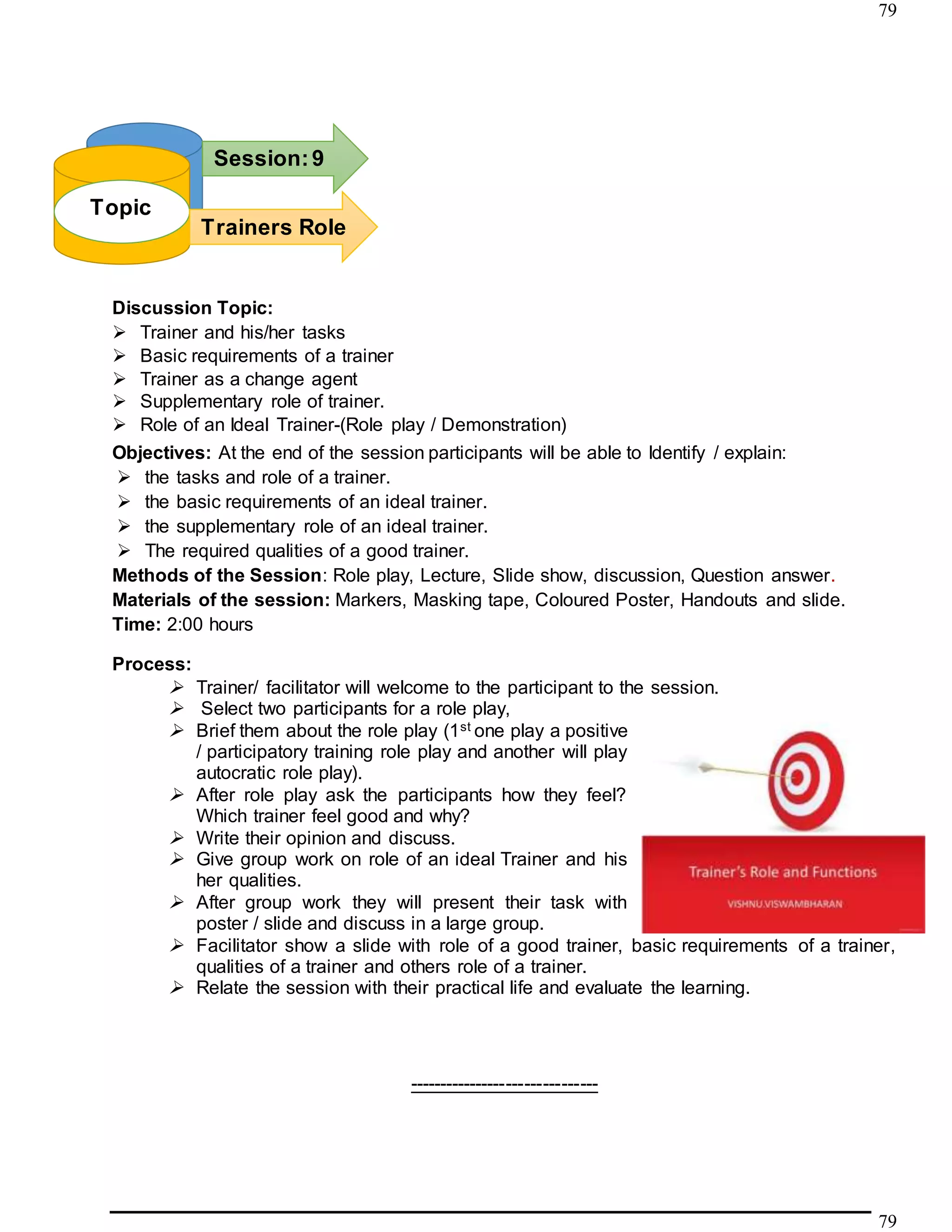79
79
Discussion Topic:
 Trainer and his/her tasks
 Basic requirements of a trainer
 Trainer as a change agent
 Supplementary role of trainer.
 Role of an Ideal Trainer-(Role play / Demonstration)
Objectives: At the end of the session participants will be able to Identify / explain:
 the tasks and role of a trainer.
 the basic requirements of an ideal trainer.
 the supplementary role of an ideal trainer.
 The required qualities of a good trainer.
Methods of the Session: Role play, Lecture, Slide show, discussion, Question answer.
Materials of the session: Markers, Masking tape, Coloured Poster, Handouts and slide.
Time: 2:00 hours
Process:
 Trainer/ facilitator will welcome to the participant to the session.
 Select two participants for a role play,
 Brief them about the role play (1st one play a positive
/ participatory training role play and another will play
autocratic role play).
 After role play ask the participants how they feel?
Which trainer feel good and why?
 Write their opinion and discuss.
 Give group work on role of an ideal Trainer and his
her qualities.
 After group work they will present their task with
poster / slide and discuss in a large group.
 Facilitator show a slide with role of a good trainer, basic requirements of a trainer,
qualities of a trainer and others role of a trainer.
 Relate the session with their practical life and evaluate the learning.
-------------------------------
Topic
Session:9
888888888
Trainers Role
 