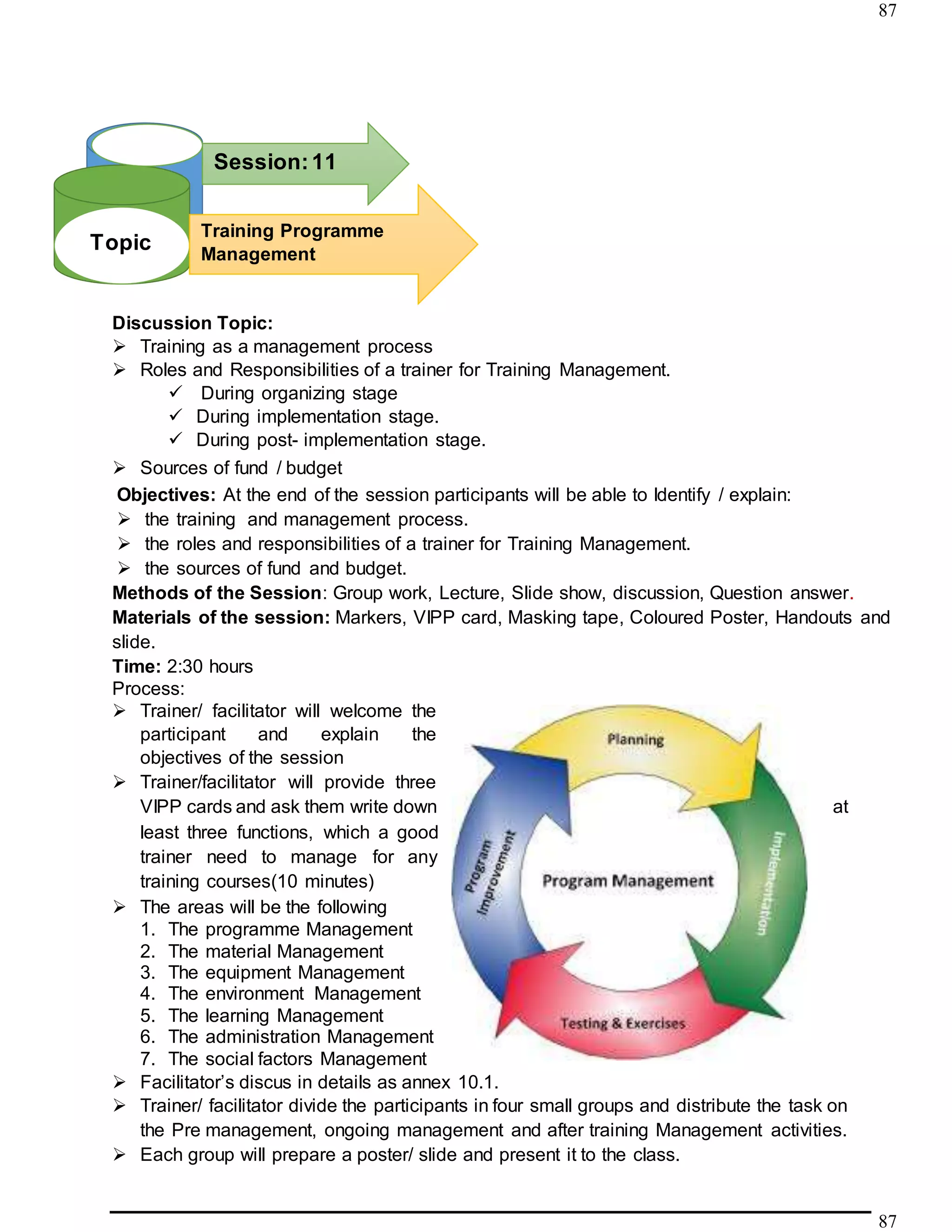 87
87
Discussion Topic:
 Training as a management process
 Roles and Responsibilities of a trainer for Training Management.
 During organizing stage
 During implementation stage.
 During post- implementation stage.
 Sources of fund / budget
Objectives: At the end of the session participants will be able to Identify / explain:
 the training and management process.
 the roles and responsibilities of a trainer for Training Management.
 the sources of fund and budget.
Methods of the Session: Group work, Lecture, Slide show, discussion, Question answer.
Materials of the session: Markers, VIPP card, Masking tape, Coloured Poster, Handouts and
slide.
Time: 2:30 hours
Process:
 Trainer/ facilitator will welcome the
participant and explain the
objectives of the session
 Trainer/facilitator will provide three
VIPP cards and ask them write down at
least three functions, which a good
trainer need to manage for any
training courses(10 minutes)
 The areas will be the following
1. The programme Management
2. The material Management
3. The equipment Management
4. The environment Management
5. The learning Management
6. The administration Management
7. The social factors Management
 Facilitator’s discus in details as annex 10.1.
 Trainer/ facilitator divide the participants in four small groups and distribute the task on
the Pre management, ongoing management and after training Management activities.
 Each group will prepare a poster/ slide and present it to the class.
Topic
Session:11
9999999999998
76gbA9998988
8888888
Training Programme
Management
 