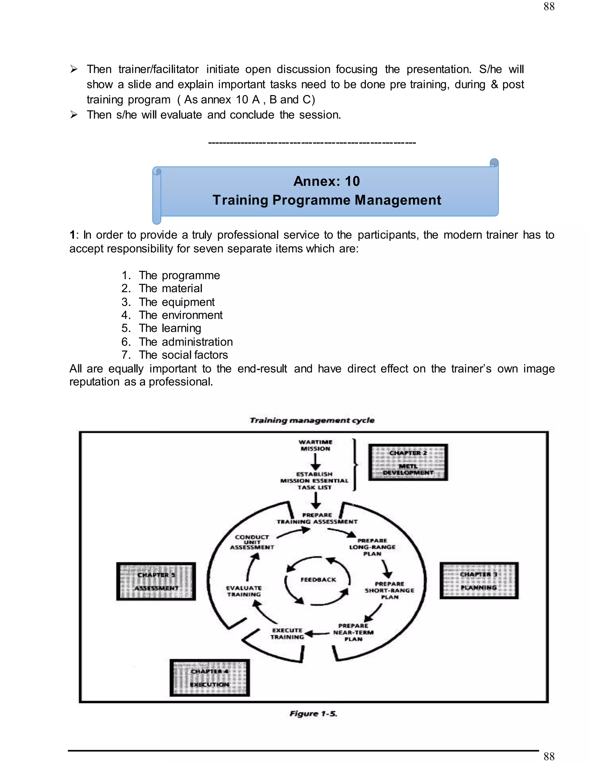88
88
 Then trainer/facilitator initiate open discussion focusing the presentation. S/he will
show a slide and explain important tasks need to be done pre training, during & post
training program ( As annex 10 A , B and C)
 Then s/he will evaluate and conclude the session.
-------------------------------------------------------
1: In order to provide a truly professional service to the participants, the modern trainer has to
accept responsibility for seven separate items which are:
1. The programme
2. The material
3. The equipment
4. The environment
5. The learning
6. The administration
7. The social factors
All are equally important to the end-result and have direct effect on the trainer’s own image
reputation as a professional.
Annex: 10
Training Programme Management
 