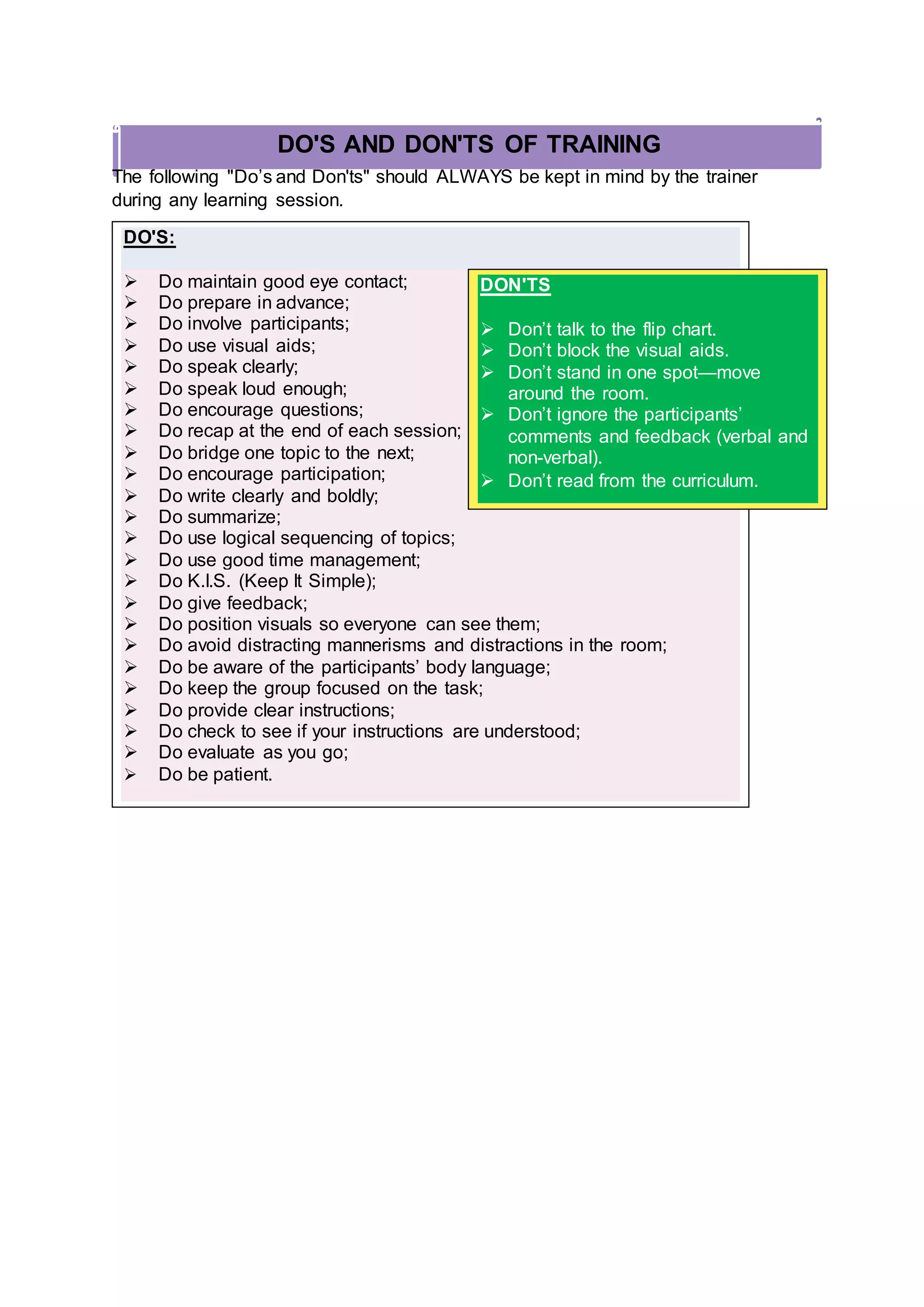 DO'S AND DON'TS OF TRAINING
The following "Do’s and Don'ts" should ALWAYS be kept in mind by the trainer
during any learning session.
DO'S:
 Do maintain good eye contact;
 Do prepare in advance;
 Do involve participants;
 Do use visual aids;
 Do speak clearly;
 Do speak loud enough;
 Do encourage questions;
 Do recap at the end of each session;
 Do bridge one topic to the next;
 Do encourage participation;
 Do write clearly and boldly;
 Do summarize;
 Do use logical sequencing of topics;
 Do use good time management;
 Do K.I.S. (Keep It Simple);
 Do give feedback;
 Do position visuals so everyone can see them;
 Do avoid distracting mannerisms and distractions in the room;
 Do be aware of the participants’ body language;
 Do keep the group focused on the task;
 Do provide clear instructions;
 Do check to see if your instructions are understood;
 Do evaluate as you go;
 Do be patient.
DON'TS
 Don’t talk to the flip chart.
 Don’t block the visual aids.
 Don’t stand in one spot—move
around the room.
 Don’t ignore the participants’
comments and feedback (verbal and
non-verbal).
 Don’t read from the curriculum.
 