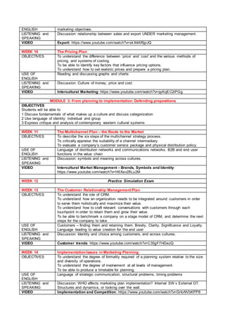 ENGLISH marketing objectives.
LISTENING and
SPEAKING
Discussion: relationship between sales and export UNDER marketing management.
VIDEO Export: https://www.youtube.com/watch?v=skX4Af6jpJQ
WEEK 10 The Pricing Plan
OBJECTIVES To understand the difference between ‘price’ and ‘cost’ and the various methods of
pricing, and systems of costing.
To be able to identify key factors that influence pricing options.
To understand how to set realistic prices and prepare a pricing plan.
USE OF
ENGLISH
Reading and discussing graphs and charts
LISTENING and
SPEAKING
Discussion: Culture of money, price and cost.
VIDEO Intercultural Marketing: https://www.youtube.com/watch?v=qyKqEC2iPGg
MODULE 3: From planning to implementation: Defending propositions
OBJECTIVES
Students will be able to
1 Discuss fundamentals of what makes up a culture and discuss categorization
2 Use language of identity: individual and group
3 Express critique and analysis of contemporary western cultural systems
WEEK 11 The Multichannel Plan – the Route to the Market
OBJECTIVES To describe the six steps of the multichannel strategy process.
To critically appraise the suitability of a channel intermediary.
To evaluate a company’s customer service package and physical distribution policy.
USE OF
ENGLISH
Language of distribution networks and communications networks. B2B and end user
functions in the value chain
LISTENING and
SPEAKING
Discussion: symbols and meaning across cultures.
VIDEO Intercultural Market Management – Brands, Symbols and Identity:
https://www.youtube.com/watch?v=H6Xav28Lu2M
WEEK 12 Practice Simulation Exam
WEEK 13 The Customer Relationship Management Plan
OBJECTIVES To understand the role of CRM.
To understand how an organization needs to be integrated around customers in order
to serve them holistically and maximize their value.
To understand how to craft relevant conversations with customers through each
touchpoint in order to retain them and grow their value.
To be able to benchmark a company on a stage model of CRM, and determine the next
steps for the company to take.
USE OF
ENGLISH
Customers – finding them and retaining them. Brevity, Clarity, Significance and Loyalty.
Language leading to value creation for the end user
LISTENING and
SPEAKING
Discussion: Identity and choice among customers, and across cultures.
VIDEO Customer trends: https://www.youtube.com/watch?v=C35gF7HDeJQ
WEEK 14 Implementation Issues in Marketing Planning
OBJECTIVES To understand the degree of formality required of a planning system relative to the size
and diversity of operations.
To understand the degree of involvement at all levels of management.
To be able to produce a timetable for planning.
USE OF
ENGLISH
Language of strategic communication, structural problems, timing problems
LISTENING and
SPEAKING
Discussion: WHO affects marketing plan implementation? Internal SW v External OT.
Structures and dynamics, or looking over the wall.
VIDEO Implementation and Competition: https://www.youtube.com/watch?v=GrIoNVbKPP8
 