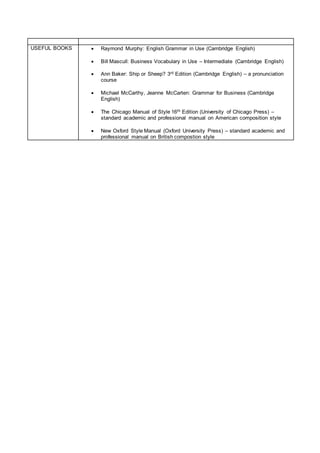 USEFUL BOOKS  Raymond Murphy: English Grammar in Use (Cambridge English)
 Bill Mascull: Business Vocabulary in Use – Intermediate (Cambridge English)
 Ann Baker: Ship or Sheep? 3rd Edition (Cambridge English) – a pronunciation
course
 Michael McCarthy, Jeanne McCarten: Grammar for Business (Cambridge
English)
 The Chicago Manual of Style 16th Edition (University of Chicago Press) –
standard academic and professional manual on American composition style
 New Oxford Style Manual (Oxford University Press) – standard academic and
professional manual on British compostion style
 