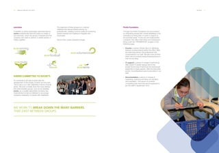 70 ___ ANNUAL REPORT 2013-2014 PEOPLE ___ 71
everclubs.
In addition to all the advantages described above,
everis professionals have the option to create or
join everclubs, which are groups of people from the
company who wish to perform a certain activity or
hobby together.
EVERIS COMMITTED TO SOCIETY.
To contribute to and get involved with the
development of the society of which we form part.
This is one or our main objectives in terms of social
action. We work to break down the many barriers
that exist between groups, such as the disabled.
everis, as a socially responsible company, has
implemented numerous initiatives to encourage
workplace integration of people with disabilities.
WE WORK TO BREAK DOWN THE MANY BARRIERS
THAT EXIST BETWEEN GROUPS.
The objective of these groups is to channel
initiatives that arouse interest among our
professionals, creating common areas for practicing
shared interests and helping to integrate new
employees.
Some of the current everclubs include:
Prodis Foundation.
Through the Prodis Foundation we have worked
on integrating people with mental disabilities in the
workplace by hiring them to work in support of
the business areas. To this end we implemented
a program that offers internships and subsequent
hiring under the "PROMENTOR" program in the
following areas:
·· Courier: a person whose role is to distribute
internal correspondence within the office. After
the internship period, the professional was
incorporated in our staff. We also have another
intern who is currently being shadowed prior to
their formal hiring.
·· IT support: a person in charge of performing
daily review of certain spaces and of the
proper functioning of technical and audiovisual
equipment in these spaces. After the internship
period, the professional was incorporated in our
staff.
·· Documentation: a person in charge of
organizing, scanning and filing non-sensitive
documentation. This person is currently
completing their internship and is expected to
join the staff in September 2015.
 