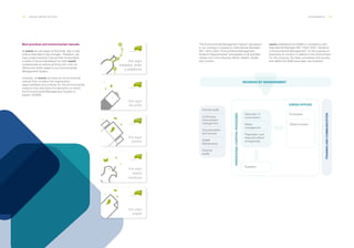 102 ___ ANNUAL REPORT 2013-2014 SUSTAINABILITY ___ 103
Best practices and environmental manuals.
At everis we are aware of the small, day-to-day
actions that lead to big changes. Therefore, we
have a best practices manual that incorporates
a series of recommendations for both everis
professionals as well as all those who visit our
offices and which adapt to our Environmental
Management System.
Likewise, at everis we have an environmental
manual that contains the organization,
responsibilities and policies for the environmental
initiative that describes the elements on which
the Environmental Management System is
based. (SGMA)
tira aquí
las pilas
tira aquí
restos
residuos
tira aquí
papel
tira aquí
cartón
Internal audits
Continuous
improvement
management
Documentation
and records
SGMA
Maintenance
External
audits
The Environmental Management System developed
in our company is based on International Standard
ISO 14001:2004 “Environmental Management
Systems Requirements” and applies to all activities
carried out in the following offices: Madrid, Seville
and London.
REVISION BY MANAGEMENT
TRAININGANDCOMMUNICATION
OPERATIONALCONTROLPROCESSES
EVERIS OFFICES
Reduction of
consumption
Waste
management
Preparation and
response before
emergencies
Employees
Others involved
Suppliers
everis established its SGMA in compliance with
International Standard ISO 14001:2004 “Systems
of Environmental Management” for the purpose of
improving its conduct in relation to the environment.
For this purpose, the basic processes and records
that define the SGM have been documented:
 