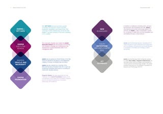 10 ___ ANNUAL REPORT 2013-2014 MAJOR MILESTONES ___ 11
With NTT DATA we have launched a period
of exciting new horizons in terms of growth,
leadership, capabilities, and infrastructure. With
more than 70,000 professionals, we are the sixth
largest IT services company in the world, operating
in 41 countries.
The corporate university has created the everis
Executive School with the purpose of promoting
the company's strategy and contributing to the
development of global leadership skills in our
management team.
Eugenio Galdón has been appointed the new
chairman of the everis Foundation based on his
commitment to the values the Foundation supports
and his exceptional experience in business,
technology and academia.
AWARDS:
ORACLE AND
MICROSOFT
EVERIS
FOUNDATION
EVERIS +
NTT DATA
EVERIS
EXECUTIVE
SCHOOL
everis was recognized as Oracle Partner of the Year
during its Awards for Excellence in the Middleware
category in Europe, the Middle East and Africa.
everis was also selected as a member of the
Microsoft Dynamics President Club 2013, due to its
exceptional worldwide performance in providing its
clients with valuable solutions.
everis was the first large Spanish consulting firm to
obtain the Seal of Youth Enterprise and Employment
from the Minister of Employment and Social Security,
in recognition of its efforts and strategy in talent
recruitment.
In addition to traditional consulting work, we have
launched two new businesses this year: Xtend, a
new learning and content technology platform for
schools, and Nettit, a debt compensation system
for companies to settle their accounts (payables and
receivables) through a virtual network.
everis and the Pompeu Fabra University worked
to create Noa & Max. Trapped in Electronics, an
animated series that encourages young people to
choose science and technology studies. The series
received financing from the Spanish Foundation for
Science and Technology (FECYT).
NEW
BUSINESSES
ICT
OUTREACH
YOUTH
ENTERPRISE
AND EMPLOYMENT
SEAL
 