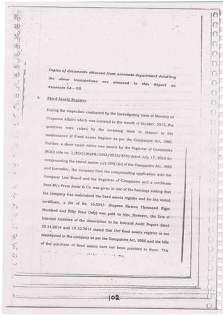 a
q
i{
z
i
.l
4
f
i!
1
i
I
Copies of
locuments obtslned from Accounts
the abov; fransdctions Gre aiznexed
Annexure 54 : SG-
exsg.:A€cslr &sr$er ..
depaz-tment detailing
to this .Report ;"
Durins'the inspection conducted b)' rhe l4vestigating team of Ministry ofcorporare Affairs which was iritiated in the month of october, 20r2,tequestions were raiseci- by it,e rnvgsting team in respect to thernaintenance of Fixed Assets Register as per tJre Companres AcL, 1956.Further' a shorv caqse notice was issued by the Registrar oI companies
(ROC) vide no. 2/ROC/INSPN/20 gA/2O13/3279
dated July 17, 2013 iorcornpounding the stated matter u/s 209(I)(c) of the cornpanies Act, l9s6and thereafter, th.e company filed the cr
cornpany Law Boa
. )mpounding application wit' tlre
rd and the Registrar of cornpanies and a certificaie
from M/5 prem Amar & co- was given rn one of the hearings sraang thattJre company has maintained the llxed a
cerrificare, a fee of Rs.. ,u,u*i";; _:;."";:ff";n.oHuridred And iTifty Four OnD wag,pai{ to.higr,__H.owg_u.r,
the ti.rm of_Inrernar Audiiors or rhe Association in irs ;;" ;]r]'*.oo., o",.030"11.2014 and 19_ I2.2Ot4 stated that
rnaintained in the compa'y as per ,n, ."Il:::^":-:::"gi"t..
is nor
mpanies.Act, I956 and the bills
.}i, .
L
or the
1!rrcria^- ", *; ;*ff :"I'o.-""j"J:Ti:':::
 