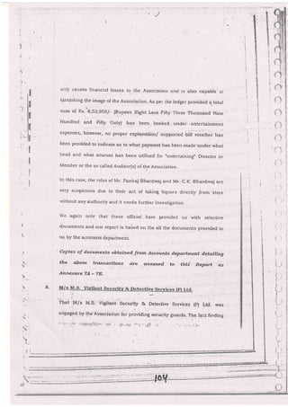 z
a
-a
't-
. ,9
i'l
ili
.-. i Il
-:llrl
Bl
"l
lil
.-.1't.
:,'i.,,''- ili '
itl
t:
-tltl
II
'I
I
I
I
'1
or-tiy causes linaricial losses io the Associ.aiioi: anri i: also capable'o!
tarnishing the image of the Association. As per rhe }edge r prov,ided a total
sum o[ Rs-*8,53,950/- (Rupees tr;ight [^acs Fifq, Three Thousand Nine
Hundred and Fifty OllV] h".g been bookEd under _ enr.e rtairrment
..-''
expenses,- ho$revert no proper expianation/ supported uili'uoucher has
been provided to-indicate as to what payment has been made under what
head and rvhat amount has been utirised for 'entertainingi' Director br
Member or the so called Ar-rditor(s) of the Association.
ln this-case, the roles o[Mr- pankaj Bhardwaj and Mr- C.X. gnarawaj are
very suspicious due to thei. acl of taking liquors. directiy Irom store
rvithout any authority and it needs further investigation_
i:
t
We again note Lhat these offrcial have
documents and our report is baied on the
us by the accounts department_
provirled us with s€lective
all the documenls provided to
Copies of docurnents obtained frorn lccounts
.deparAment
detailing
to tftiJ Report :osthe dbooe fransactions dre qnnexed
Attrre.xure 74 - TE:
8.M
That M/s M_S. Vig;tant. Securitlr & Det& Detective' Scrvices (p) Ltci. rvas
en.Eaged. fl lhe'ASsgciatian ior proriding secui-it_t, gua.rcis. The fact flnCin3
 