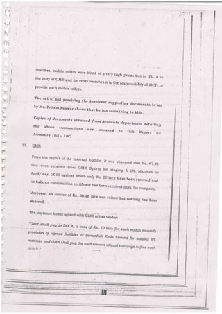 ,-I
::
r-I
I
'rt
I
:
_ tt' tl
v'll
i
I
it
Y, rl.ti i
ir
.-l!
:
i.
,
rt_
(
The ac,t of
lli nr-oviairrg_tn-e invoices/ supporting ao.r-"rt. to usby Mr, pritanl panvrar shdws that be h:rs something to hide-
Colaies oJ documents obtained. Jrori-t Acgounts
the above trsnsqetions .cre annexed
Annexure jOA _ 1OC-
GI}IR
Fiom the report of the Inrcr^-l n_rr:.the Internal Atiditor, it
.lacs were recei,,,ed from GMR Sports for
April/May,2O13 against whiih only Rs- 20
no balance conhrmation certihcate has been
rnatches, mobile toilets vrere hired at a
the duty of GMR and for other matches
provide such rnobile toilets.
very high prices Uur in lpl-, ir is
it is the responsibiliV oI MCD to
department detailing
to this Report as
11.
Moreover, an
received-
of Rs- S6.ig lacs rvas
was observed that Rs. 67.4 j
staging 6 IpL Matches in
lacs hive been received ancl
received front the company.
but nothing has been
il
&
F
:i
ij
I
:
i
t
):
--i-
li
Iri.-
=-:l
j
i
as under:
 