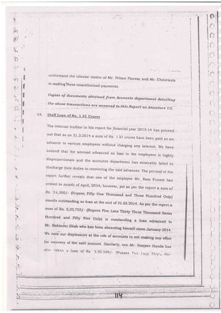 3
:f ;'
tl;
;6i
:e'l-
i!i
,,.?.,
::': i
:<r'
i:
9l
;il!
iiltil
I
tl
tl
tl
tl
fl
li .t3-
'tll
il
fl
c
I
I
I
1-. i
'
1it
.
;t
t
,i
't
t'I
ii
ll:.
i:
),L
t
I
t
E
t
!
7
ii
:
I
:
:.
z
:
:
LinCerstand tj.e ujterjor motive oi Mr. priiarrr panr,v4l and Mr- Chdurasia
in making thgse unauth arizeclpayments-
copi es oJ documen ts- obta.ined. frorn.r{ccou nts dep.antment det a,i ntt
the abou; t:"-":7'o].o-:;
?'g;:-;!!!exed ta thtsRepart as Antet-ure i2l
Staff Loan of Rs. 1.31 Crores
The rnie'rar Auditor in his report for-financiar year 2013-14 has pointec)
out that as orr 31-3-2Qr4 a sum of Rs r.31 crores havb been paid a.s arr
advance to various emproyees rvithout charging any interest- we have
noticed that the arnount advanced as ,oan to the employees is rrighry
disproportiorrale a'd the accouhts depiertmenr.has miserabry tailed to
discharge Lheir auLies i' recovering trre said d.dvances- The perusa, of the
report furiher reveais that one.of the employee .lvrr,. Ram puneet has
retirecl in month of April, 20l4, ho*,ever, yeL as pdr. the rejroru a sum of
Rs' 51.'300/- (Rupees Irifty one Thousand and Three .Hundred
only)
stands outstanding as roan at the end of 3.1-03.20 14- n" prr ar,. report a
sum of Rs' 5,33,755/- (Rupees Five Lacs Thirty Th.ree Thousand seven
Hundred and Fifty Firid only) is outstanding a loan a{variced to
Mr- R.abinJer.Shah whb tras been absenting himseti since Janu ary 2014.
ws noFour displeastire ar the rore o[ ai"o.int" i.,"ot
"*r;-;";;;lor recovery oi the said a:nount. Si-itart_v, one.Mr:. Sanjeev ;r";r*;_
r'r,i."i.: rr.lir:,-r
.
.: i<-rs.r.l oi Rs 2,3S..)f)?i_ ipr-:i,ce s l:r.,c 5. ?:-?: Tr.;.rr,. tr!_.
 