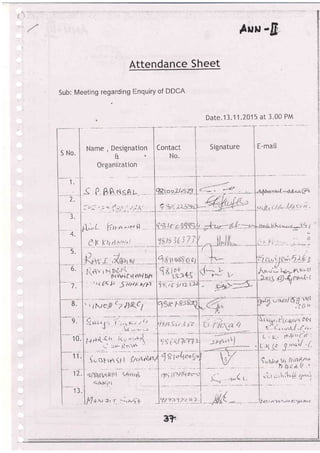S No.
4
t.
,.1
L.
-1.
'' 4.
5.
6.
7
B
-- 9.
tu.
-- 11.
11
IL
4')
lJ.
ll ii xt .t, r. I rut i2
--',^( r.
'.p'i-) tv'.ir'!1)tr f:. )l 2rr a
lrN -JD
Attendance Sheet
Sub: Meeting regarding Enquiry of DDCA
Date.1 3.1 1 .7015 at 3 '00 PM
Name , Designation
&l
Organiz-ation
-(' P. BA *sAr-
t_'
;:,:': ;
,i-,r .1-,r',rr:.
,
;r.'1t
/1-,' L'
CK
<=q.jzii i
t. ;1u , t-'r Di.,li'j " pr+ C ( .)r.itv)
:' i i ( 11 )i J-i.it.lt:.t,/fl
' r 1Ni a'.l)
(
I hr( |
 t, i)f i r 5 / | ,f lrt Ntl'l
Signature E-maiLContact
No.
 