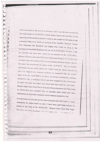 lon on 3I-03'2014 which crearry shorvs the intention of the
fl "qua'ng off tlre advance payment rnade to the ven<Jor on the basis of the{ on rhe basis of the
ttl
I ,,. r?;,,- TL -- . ^-
lf Rs' 25'685r/- {Ru;ree.s 'l'u,enty
lr, .. Five Thousand Six Hrrnrt.or ^-^r r_ .
'1fl
a
ii
s
ta
't
:l
a
+
')
::
i
t
:l
{
6
f
z
'4
t-'ill
t,, -- |
i,, t
iil
.lII
_ ___ ::::_'l::-ot ttaushnik Bui.ldcasi (p) Lrd.
", o., si.os_ zotc_Further, a bi,for turnsl.ije. has ajso beer raised for an Amnrrhl ^. n_ *.e!u ru j aD anou n t of Rs_ ) 3,ST ,OOO/ _
ifry Scven Thousand OnlyJ on 3].Ot 2Ot4 as
the lnternalA uditor (lnternal Audiror who in
e figure of Rs. 12,57,g77
/_. But, on lurther
.,_ ied 26. l2-2O j4 from Mr- l,4nhir <
.. _._...: jharlrra ofM/sI .K-.Rajaf & Co . "'.. _.-_t'--'^t' ..,
::,^:
inte-al a,udirors, it transp;.lJ that t.e actual
..,
ttgure is Rs_ ]?s lJ,g7,pnn r ,
f,:^r ^ .
" " ' 'vvw/ -J' J'rureo*ei
' on further confirmation, skidata: (India) pvr- Lrd_, a com
.,, , for AMC from last hve
:: (Rupees Eighr r_acs
"",J"::::"::l-
bad been paid Rs- 8,43,7so/-
j,'.' '). .'' ,---v--vtr ttas revealed that no turnstile ryoik ^^rrrr L_ _
underraken by any orher comp;; .,.:",;;":";:::.11'.
0"."
Jt is pertinent
companies as
money to the
'ih+:
rs:.i;y.i 211g
to note that rn the same
srated above.in para 2
.tune oI Rs. aO,58,S00/-
'+i';e iiurrrlz-gri i:r-lr_,; !-9,-
financial yed:- ZO3_ZOI4, 7 more
have been paid huge amourit of
(Rupees For.ty Ilcs Fifry Eighi
,|a
 